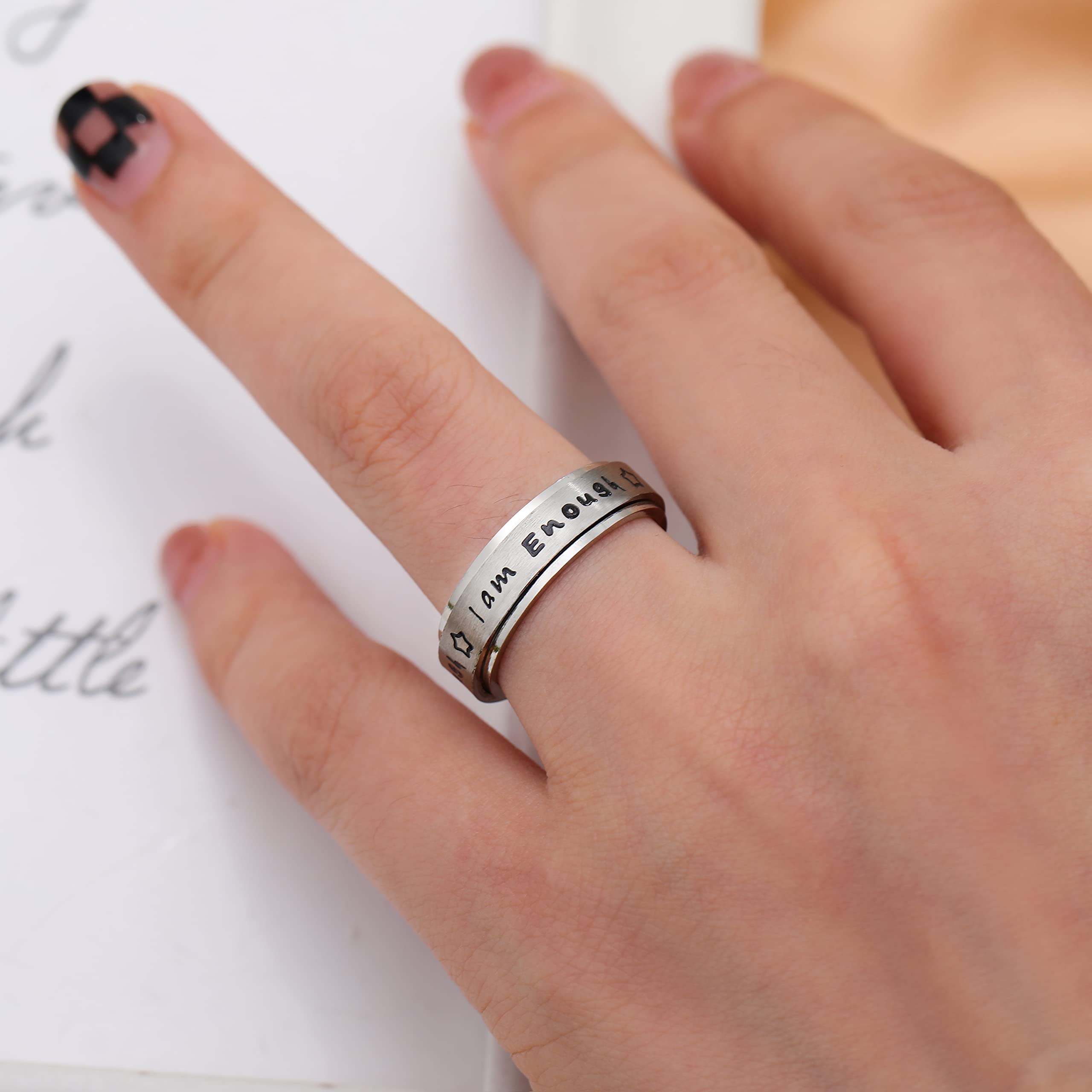 Stainless Steel Spinner Ring for Women & Men - Anxiety Relief Fidget Ring, Stress Relieving Therapy Jewelry, 'I Am Enough' Inspirational Promise Ring (Size 5-10) - Perfect for ADHD, Anxiety & Focus at Work or School