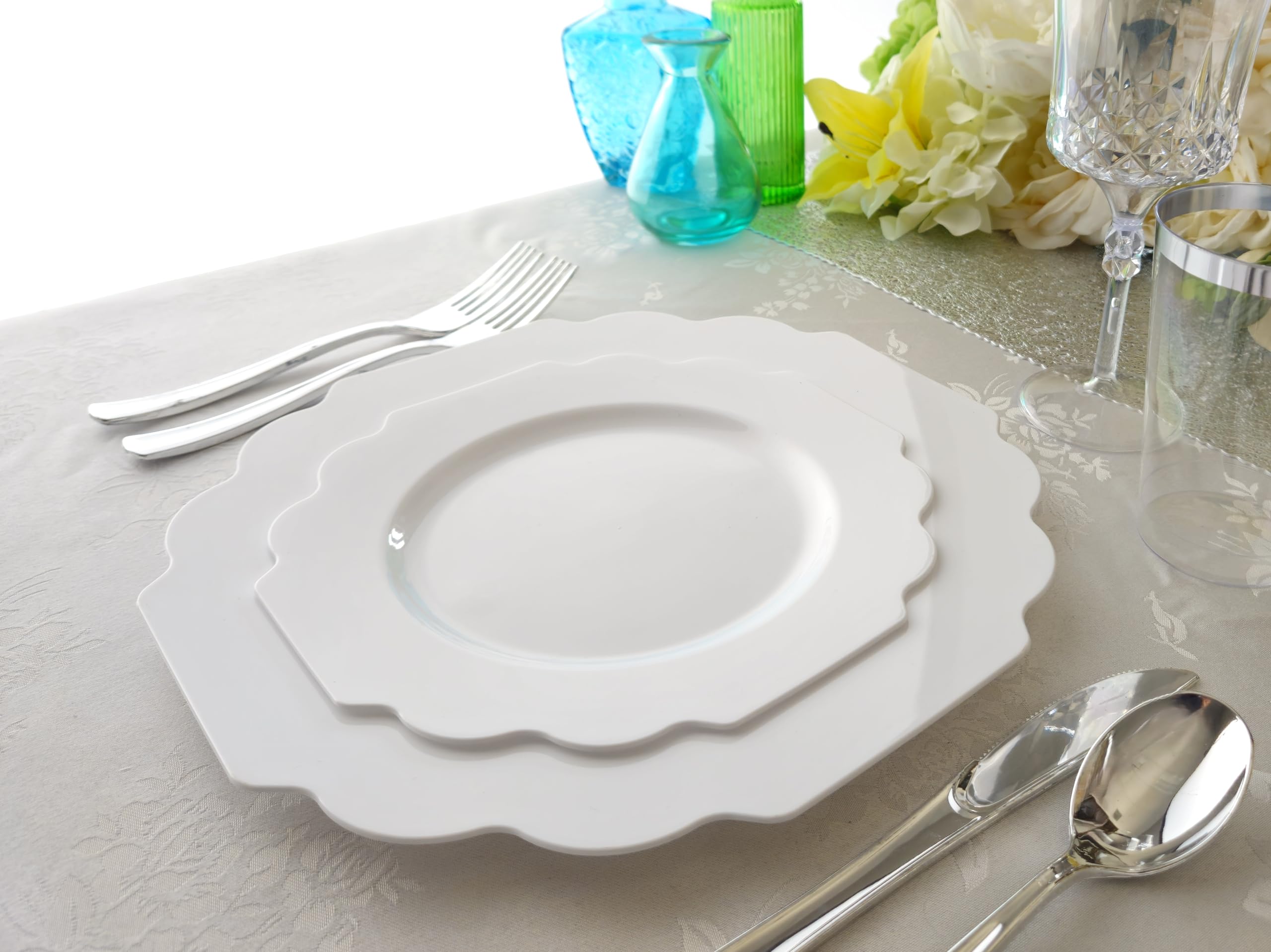 320-Piece Heavyweight Disposable Plastic Plate Set for Weddings & Parties - 40 x 10.5'' Dinner Plates + 40 x 8'' Dessert Plates + Silverware + Cups + Napkins (White) - Perfect for Large Gatherings, Bridal Showers & Catering Events