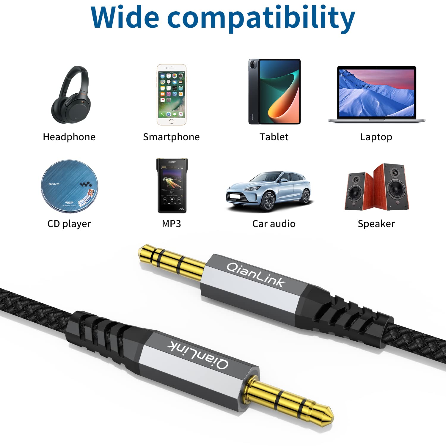 2 Pack 3.5mm AUX Cable (3.3ft/1m) - Nylon Braided Hi-Fi Audio Auxiliary Cord for Car Stereo, Home Speakers, iPhone, iPad, Headphones, Sony Devices, Echo Dot, Beats - Perfect for Road Trips & Home Audio (Grey)