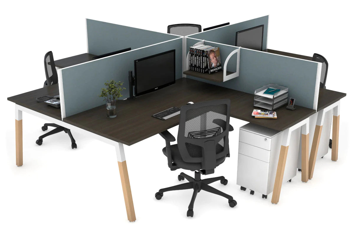 Quadro Wood A Legs Cross Beam 4-Person Corner Workstation Desk - 1600L x 1800W with Cable Management Scallop - Perfect for Office, Home Workspace & Collaborative Environments