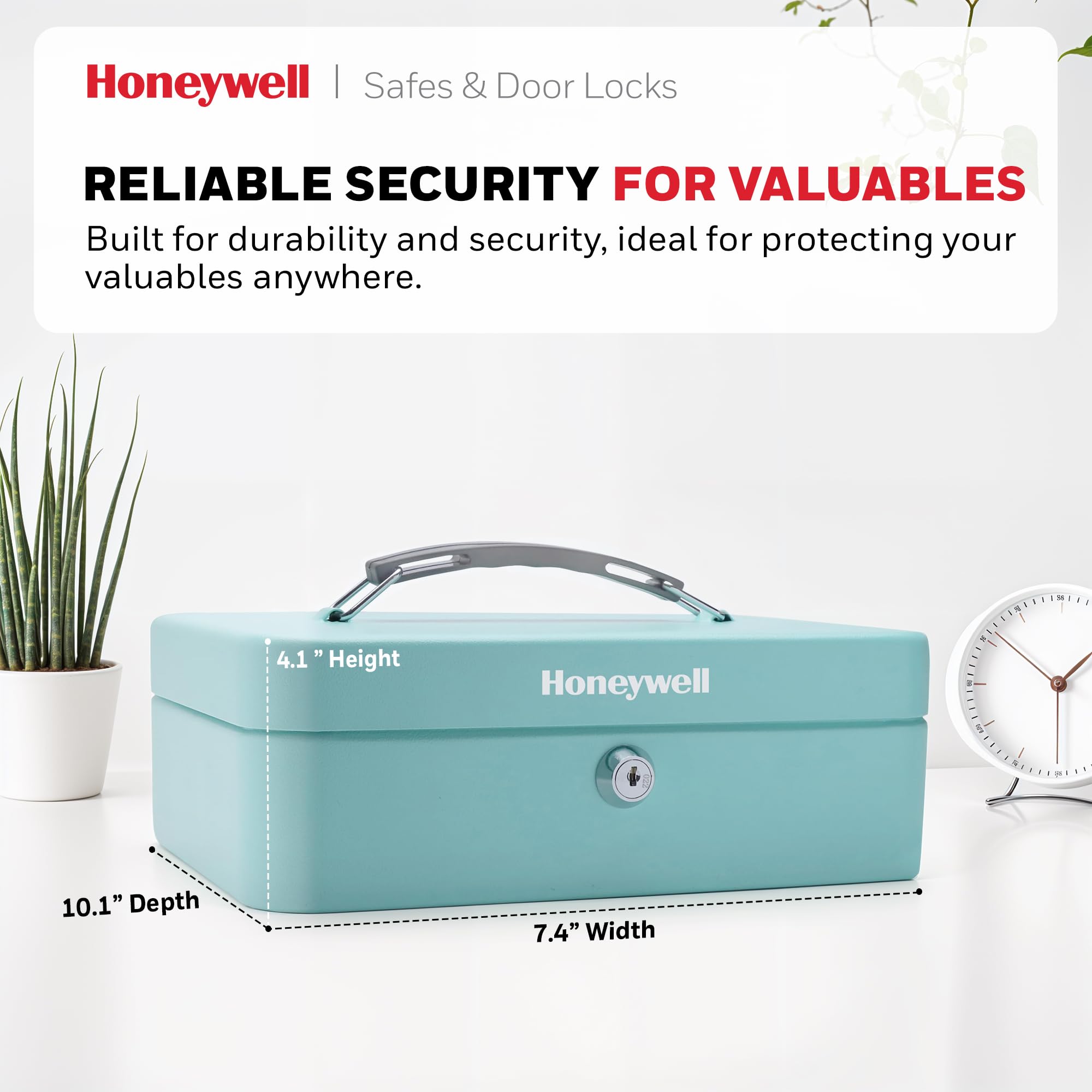 Honeywell Steel Security Cash Box with Key Lock - 0.14 CU Teal Money Lock Box - Includes 1 Removable Cash Tray & 5 Coin Slots - Durable & Scratch Resistant Safe for Home, Office, or Retail Use - Model 6112TL