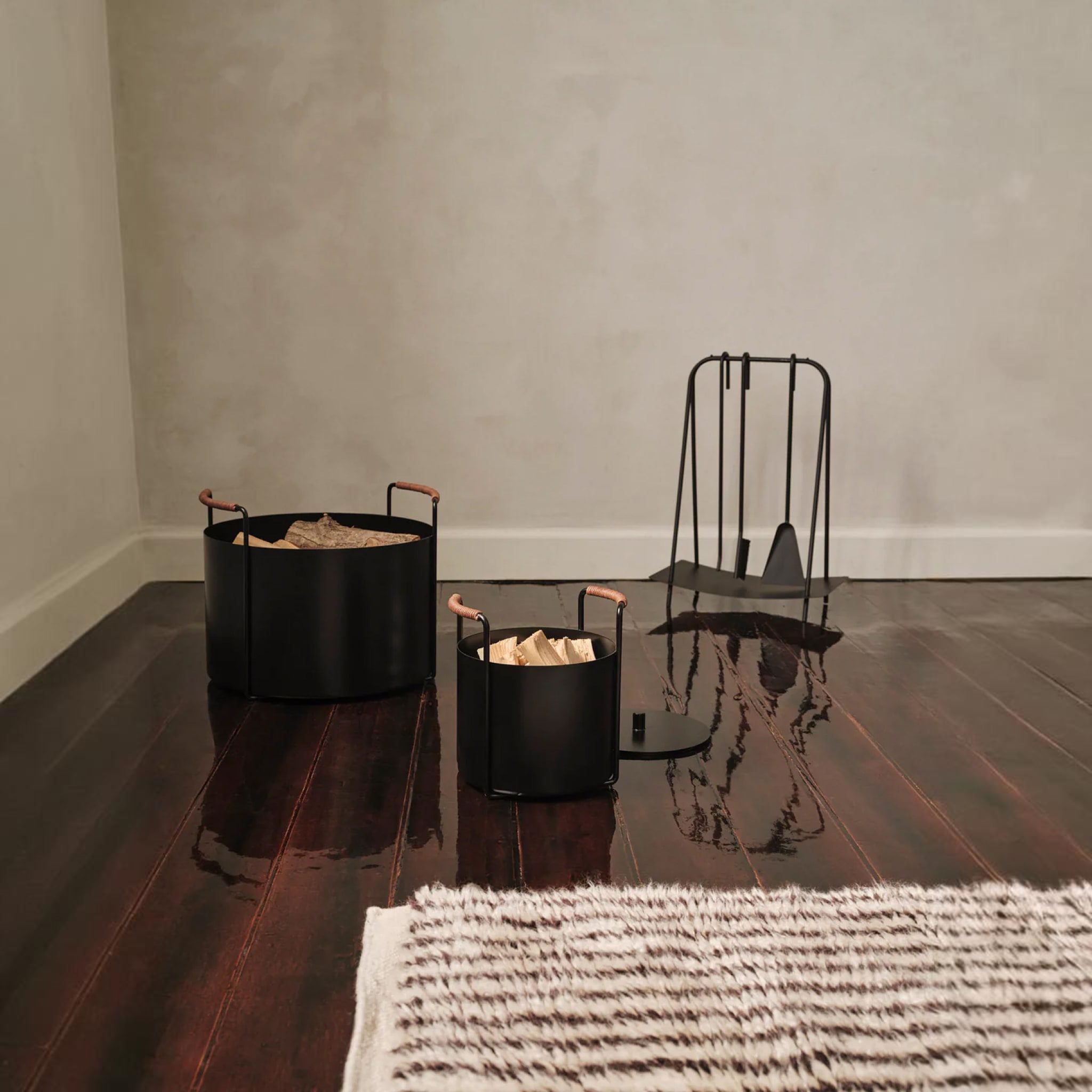 FERM LIVING Black Port Kindling & Ash Bucket - Fireplace Accessories for Wood Stove, Camping & Outdoor Fire Pit Use