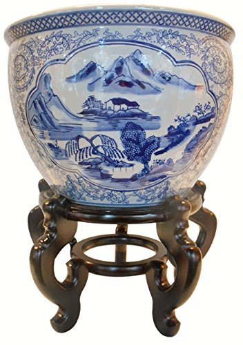 Blue and White Porcelain Garden Pots Hand-Painted Landscape Design - 16