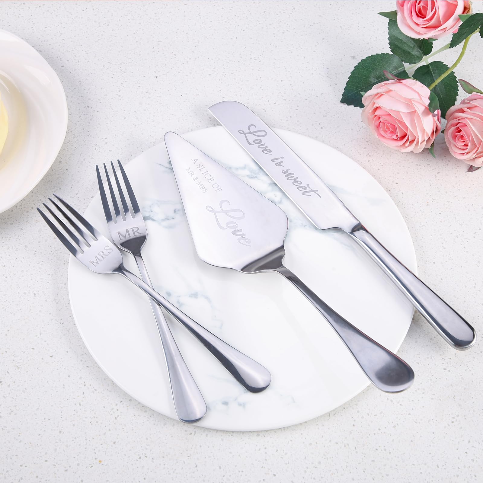 Elegant Silver Wedding Cake Knife and Server Set with Forks - 4 Piece Mr & Mrs Cake Cutting Set for Bride and Groom | Perfect for Wedding Ceremonies, Bridal Showers, Engagement, Anniversary & Birthday Gifts