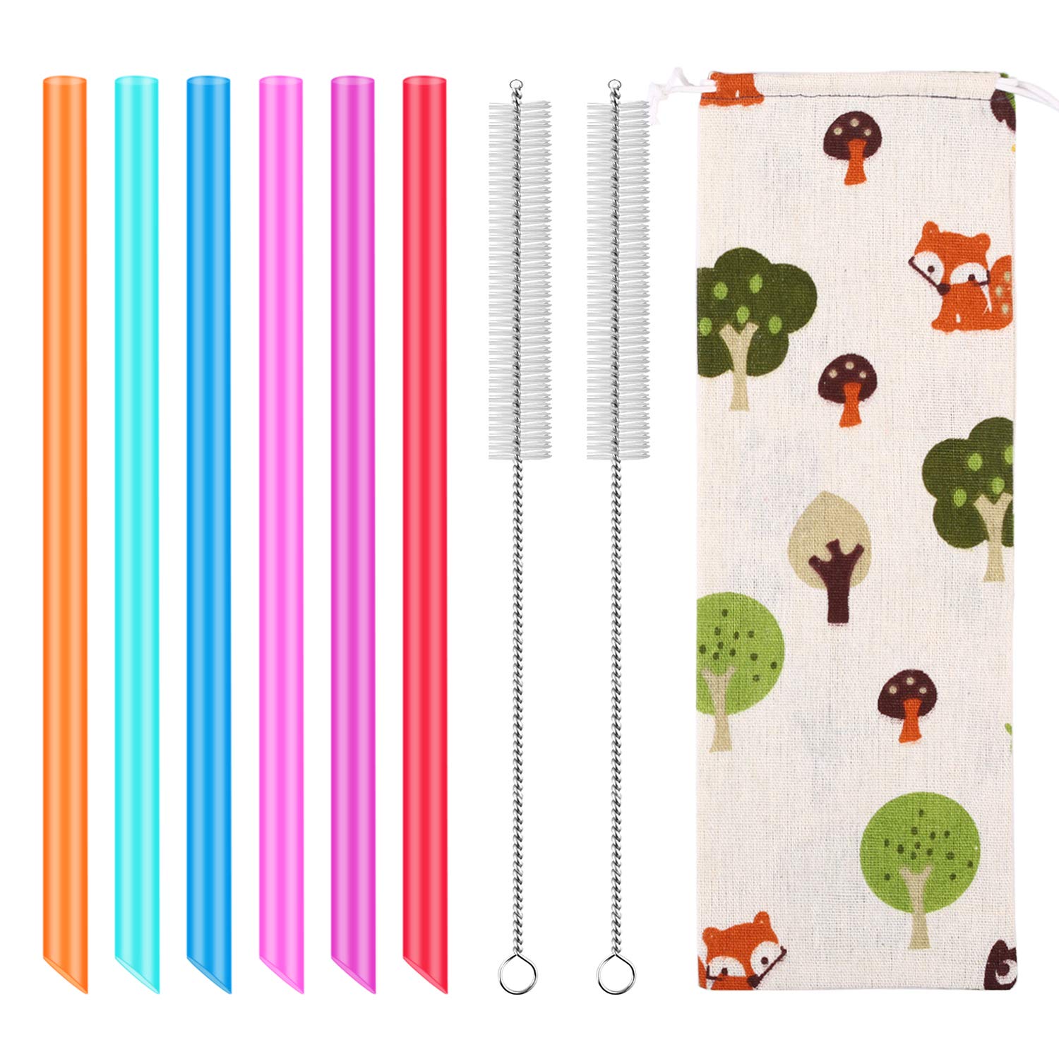 12 Pack Reusable Jumbo Angled Straws for Smoothies & Drinks - BPA Free Food Grade Plastic with Storage Bag & Cleaning Brushes - Perfect for Home, Office, Parties & Travel