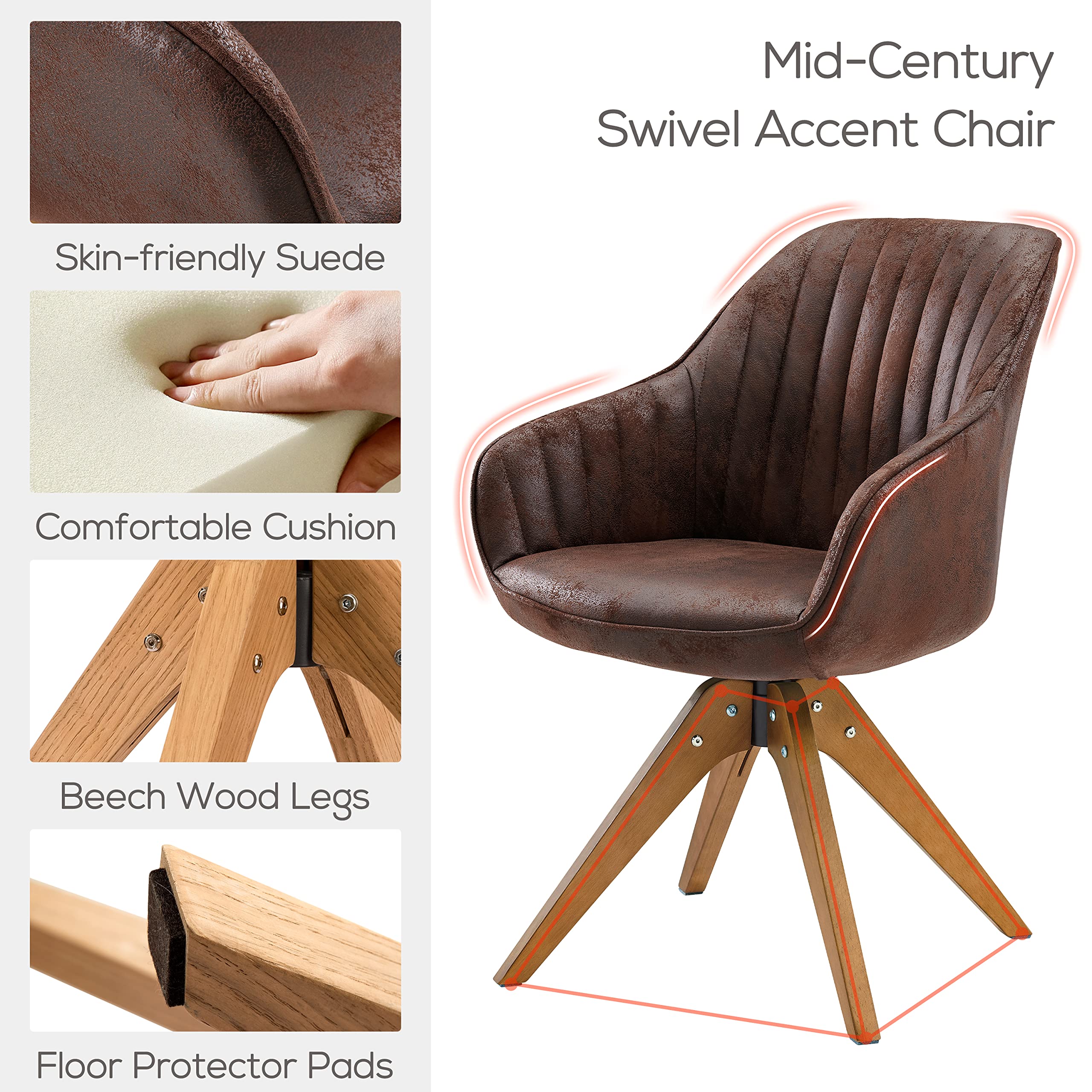 Art Leon Mid Century Modern Swivel Accent Chair with Beech Wood Legs - No Wheels Desk Armchair in Soft Suede Fabric | Perfect for Home Office, Living Room & Reading Nook