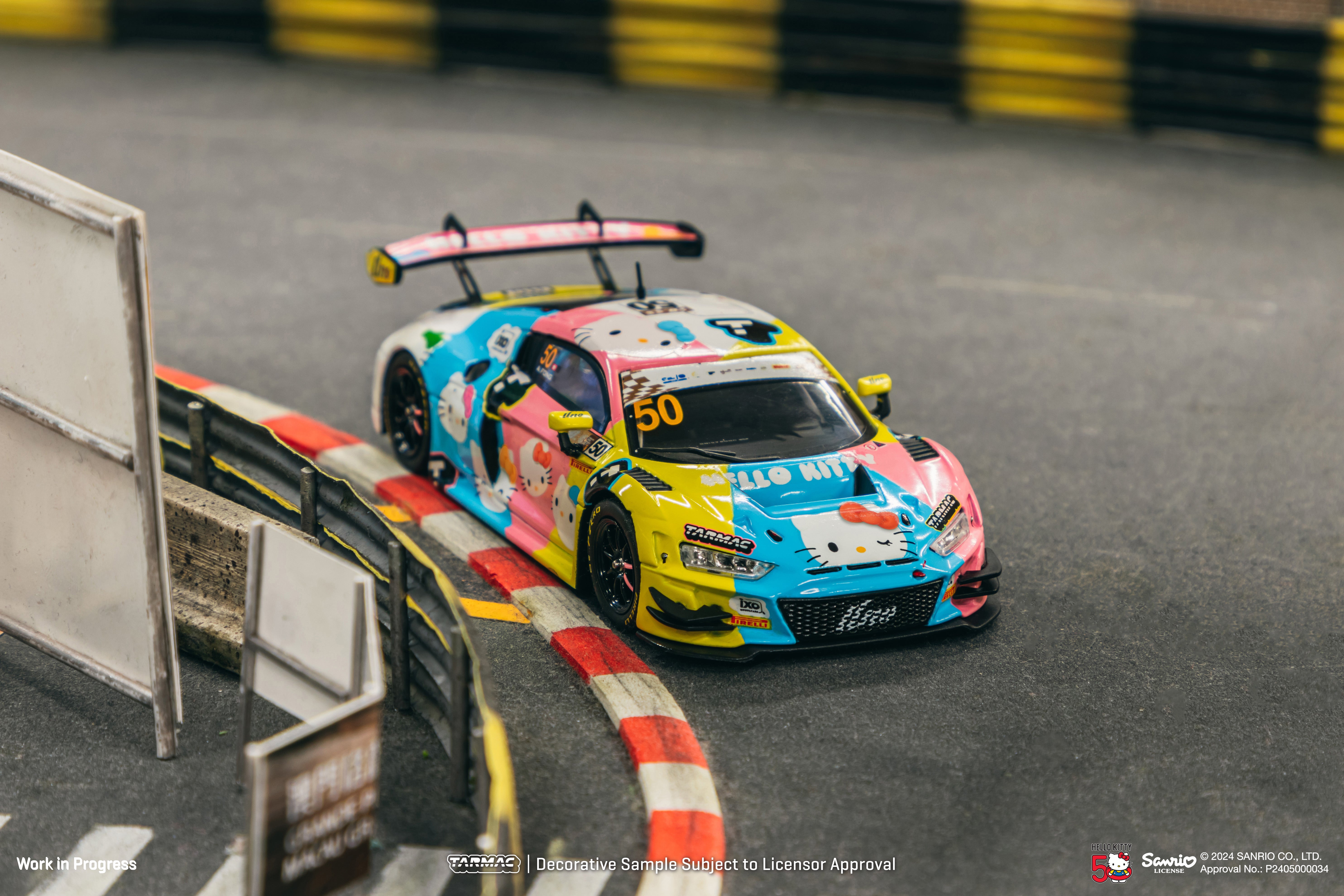 Tarmac Works 1/43 Scale Audi R8 LMS GT3 Evo II Macau GT Cup FIA GT World Cup 2023 #50 Diecast Model Car with Special Packaging & Story Booklet - Collectible for Racing Fans & Display for Home/Office
