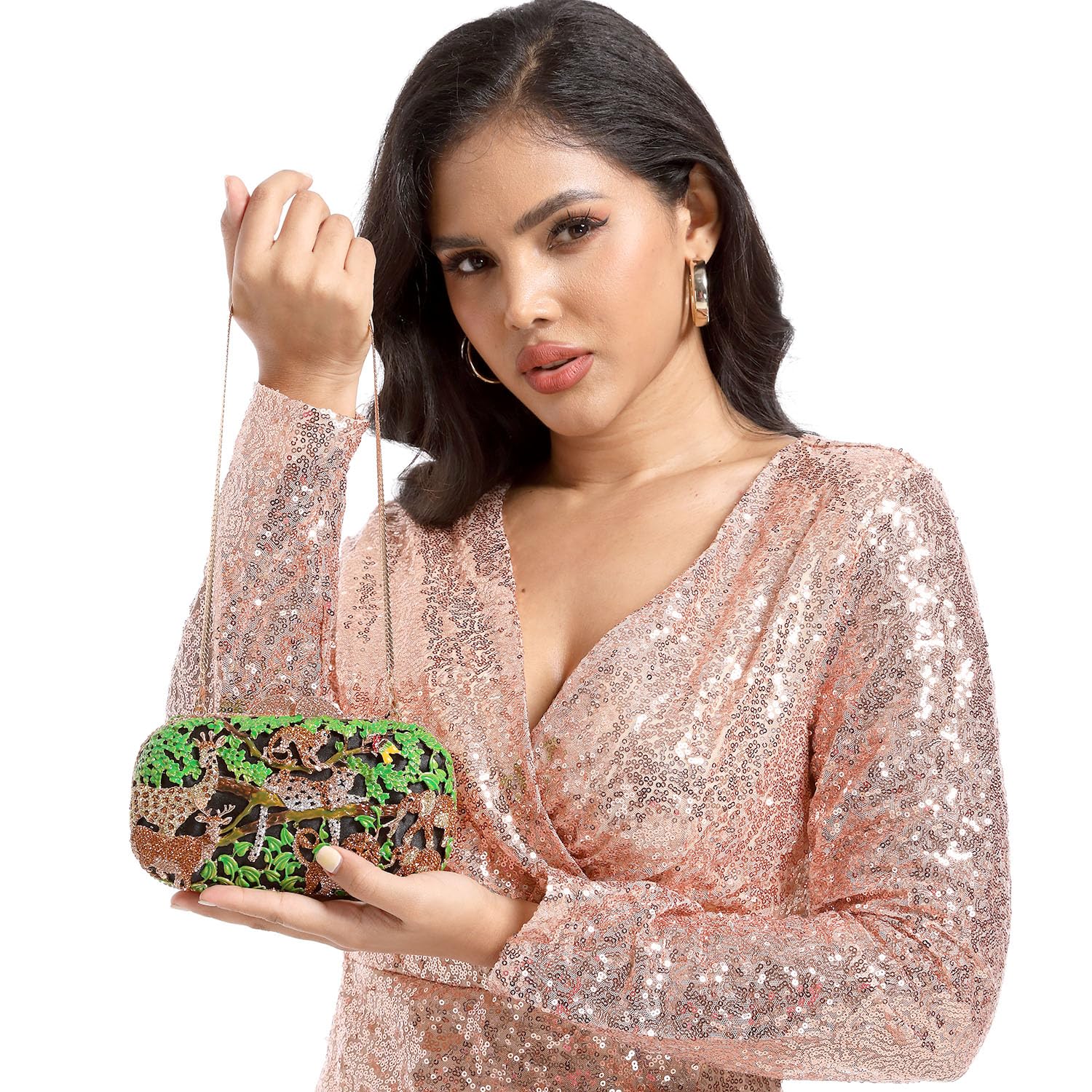 Luxury Crystal Clutch Purse for Women - Rhinestone Evening Bag with Forest Jungle Animal Design - Elegant Mini Handbag for Parties, Weddings & Formal Events