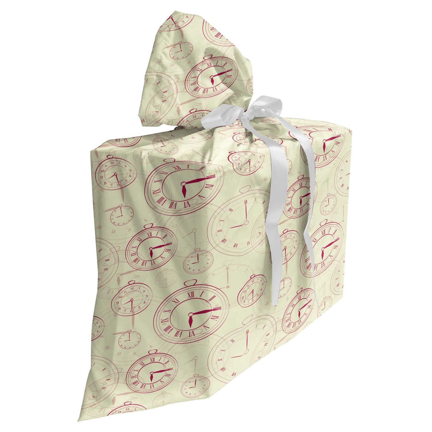 Ambesonne Vintage Clock Fabric Gift Bag with Roman Numerals & Antique Time Pattern - 3 Ribbons Included, 27