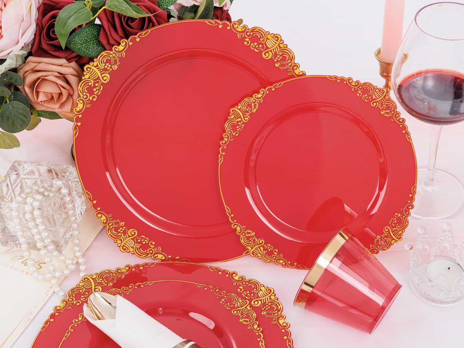 Nervure 175-Piece Disposable Red Plastic Party Dinnerware Set - 50 Plates, 75 Silverware, 25 Cups & 25 Napkins for Christmas, Birthday & Holiday Celebrations - Perfect for 25 Guests at Weddings, BBQs & Family Gatherings