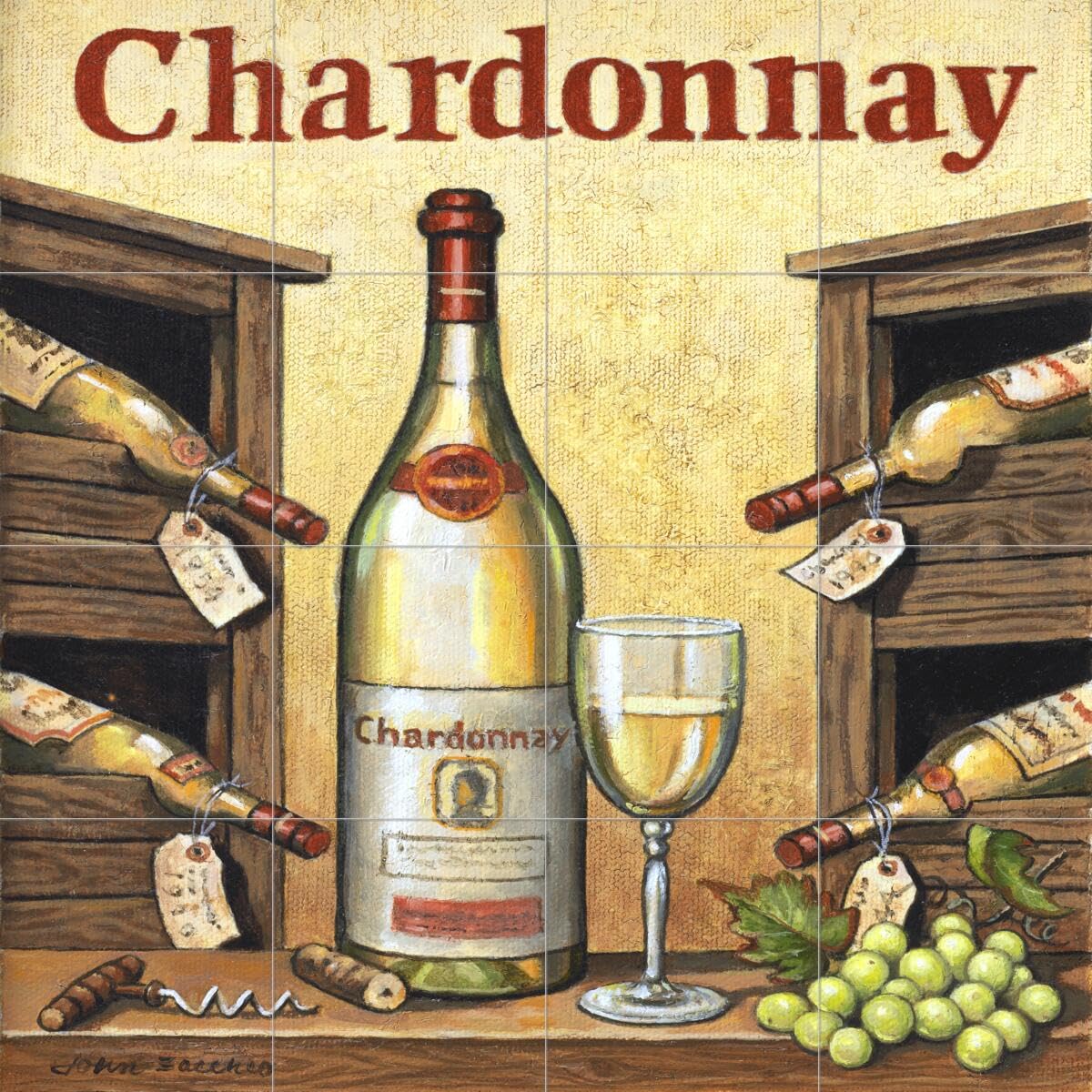 John Zaccheo Chardonnay Wine Themed Ceramic Backsplash Tile Mural for Kitchen - Elegant Wall Decor for Wine Cellars, Bars & Dining Areas