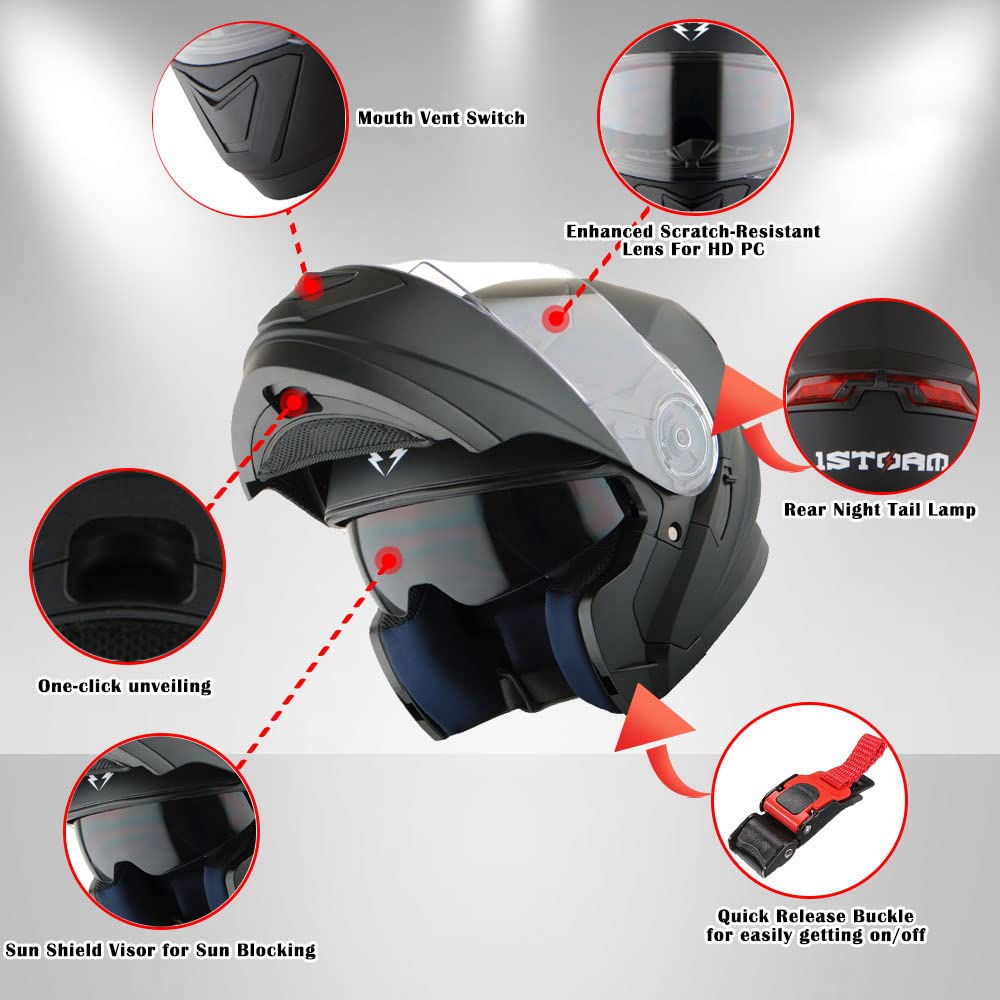 1Storm Modular Full Face Motorcycle Helmet - Glossy Black with Dual Visor Sun Shield & Rechargeable LED Tail Light - DOT Approved for Safe Riding - Perfect for Street Bikes, Cruisers, and Commuting