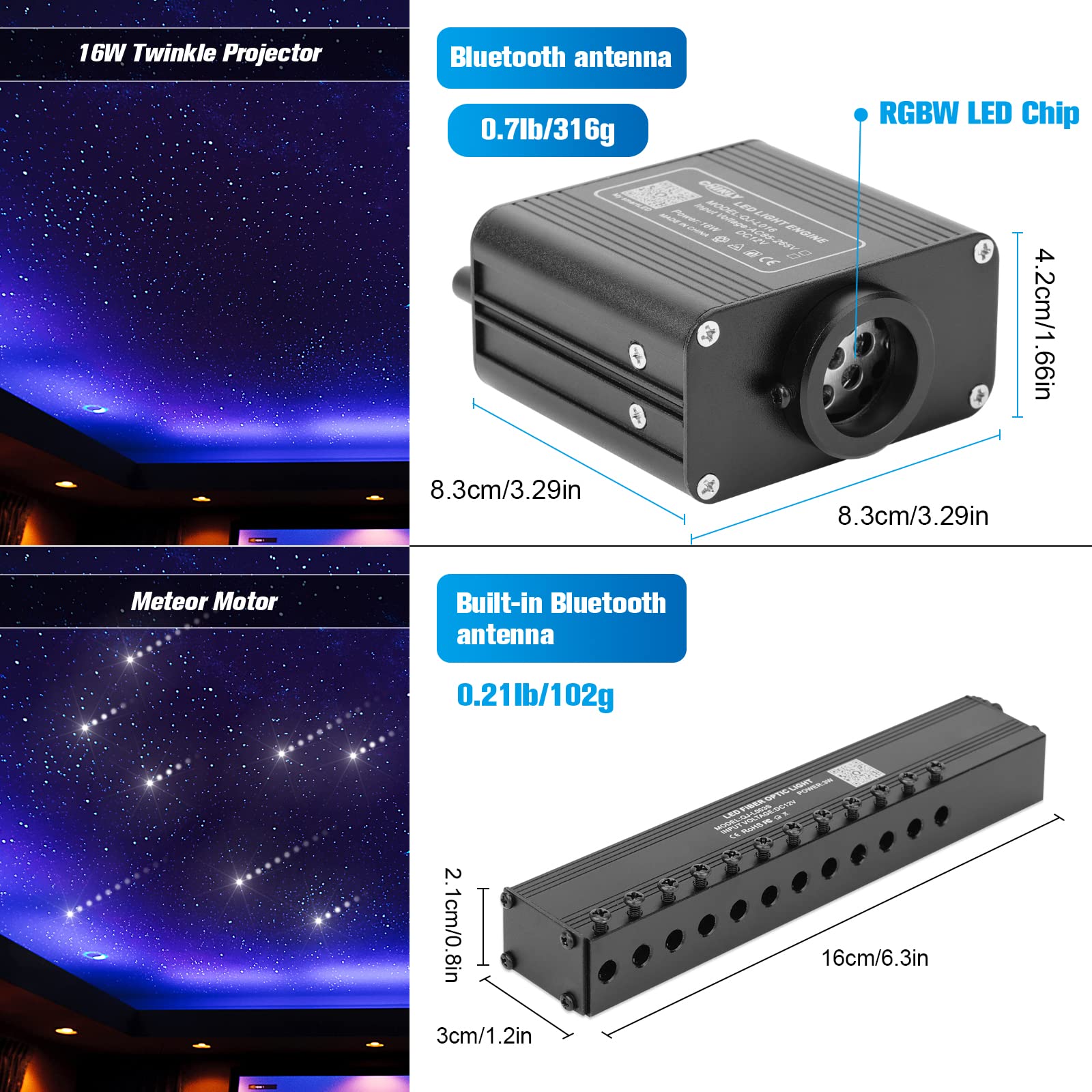 CHINLY Meteor Twinkle 550pcs 9.8ft 0.03in Fiber Optic Star Ceiling Lights with Bluetooth APP Control & Remote - RGBW Starry Sky Lighting Kit for Home Theater, Bedroom, Party Decor