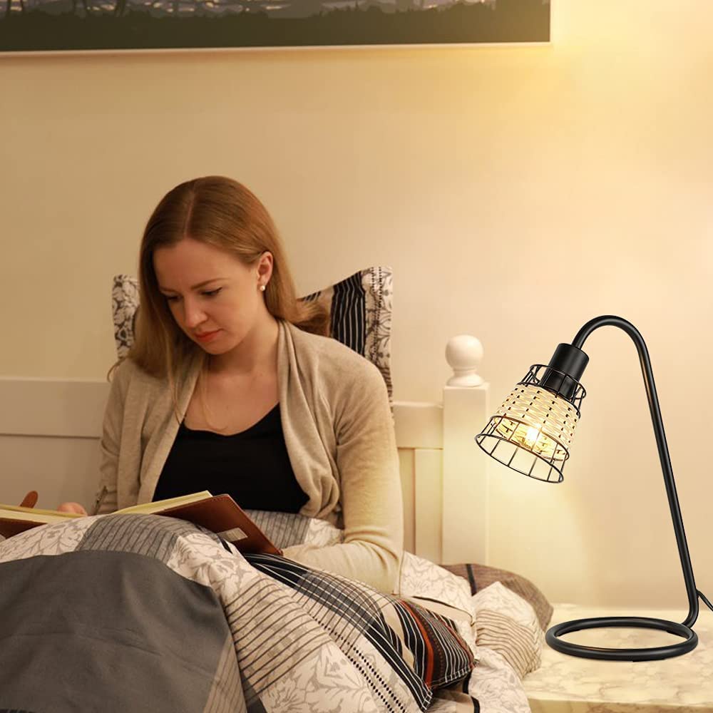 Modern LED Desk Lamp with Rattan Shade - Black Metal Industrial Table Lamp for Bedroom, Living Room, Office & Study | Adjustable Nightstand Lighting for Reading & Workspace