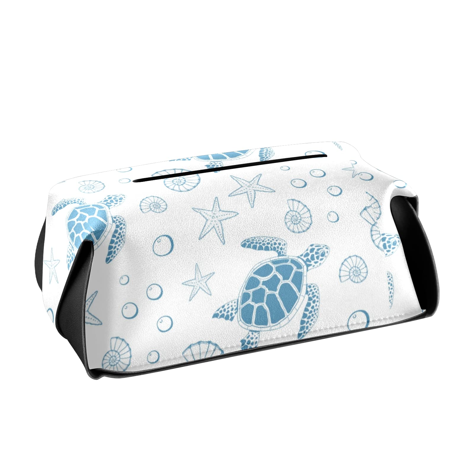 Blue Sea Turtle Starfish Ocean-Themed Leather Tissue Box Cover with Handle - Waterproof Bathroom Vanity Decor for Home, Office, Car (5.7x5.7x5.7 in) | Perfect for Coastal Beach House Decor & Nautical Gift Ideas