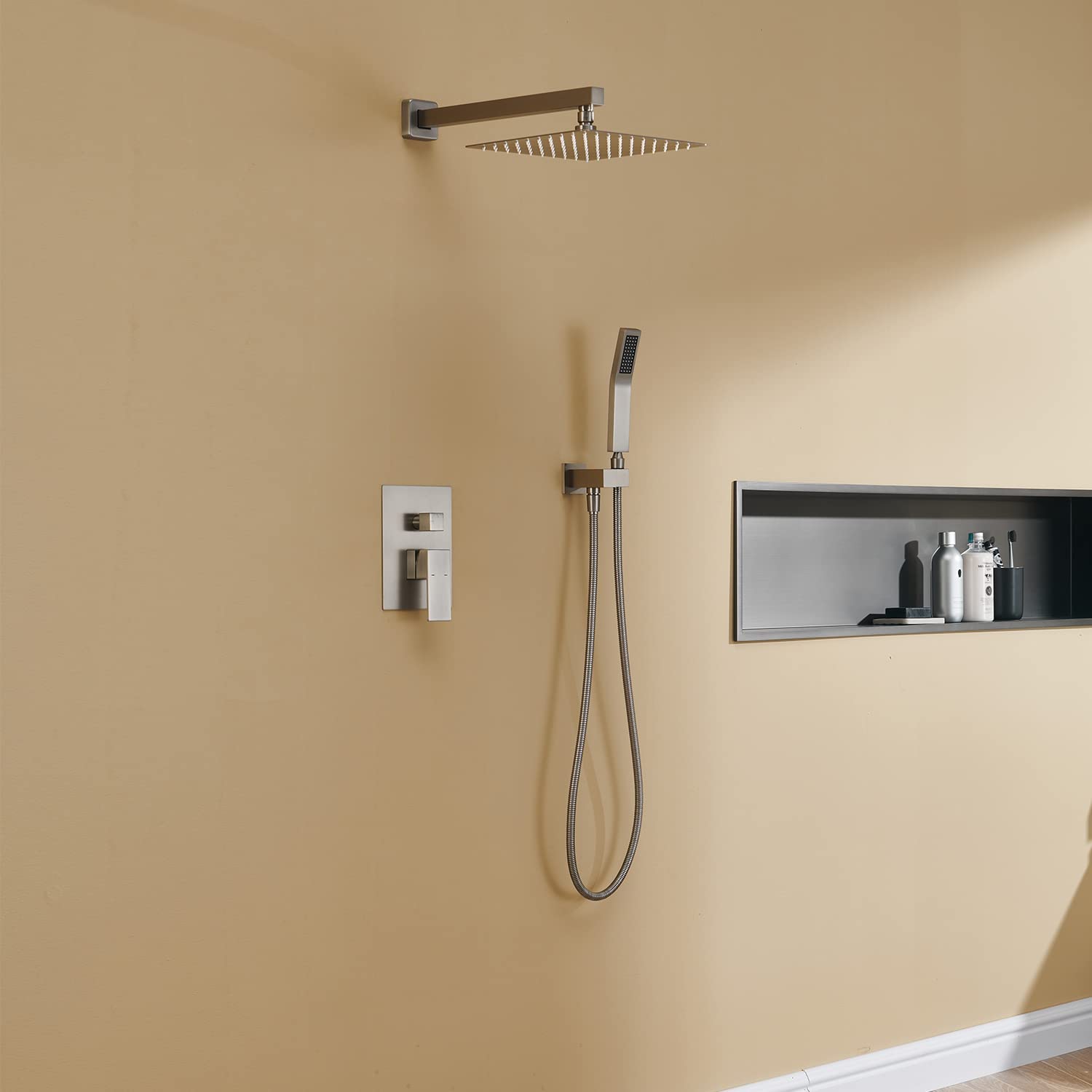 10 Inch Brushed Nickel Rain Shower System Combo - Wall Mount Bathroom Faucet with Rainfall Shower Head & Handheld Shower - Perfect for Luxury Spa-Like Bathroom Experience
