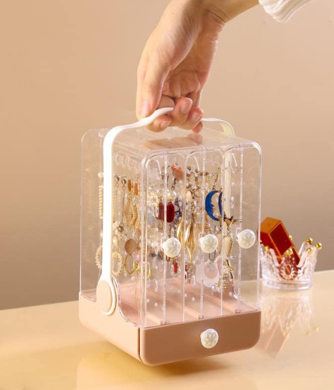 Duoduo Large Capacity Jewelry Organizer Box - Transparent Earring Storage, Necklace & Ear Clip Holder with Dust-Proof Design (Pink) | Perfect for Bedroom Vanity, Travel & Gift Giving