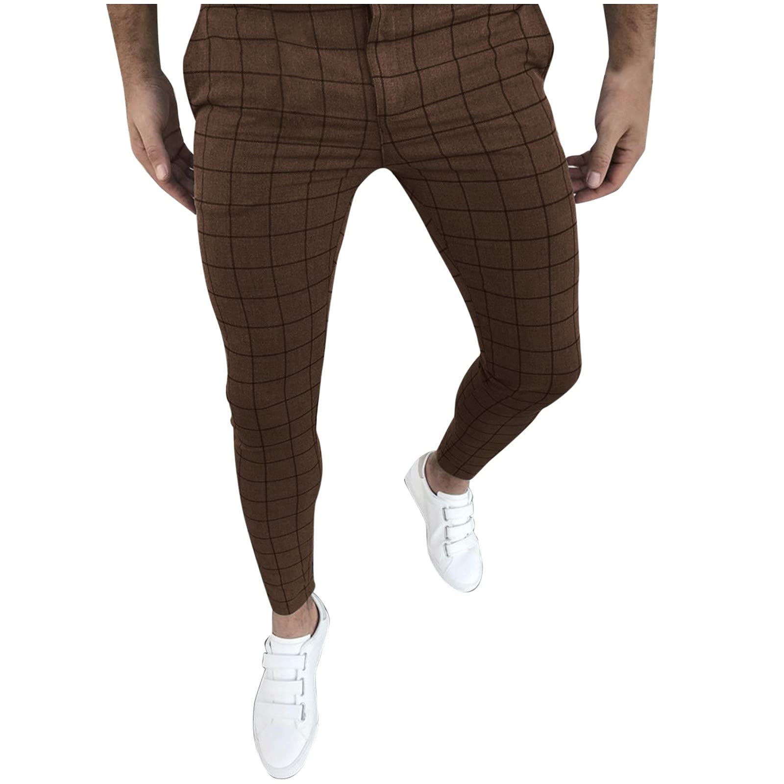 MOXIU Men's Slim Fit Plaid Dress Pants - Flat Front Checkered Chino Trousers, Casual Joggers & Sweatpants in Coffee Brown (X-Large) | Perfect for Office, Business Casual & Everyday Wear