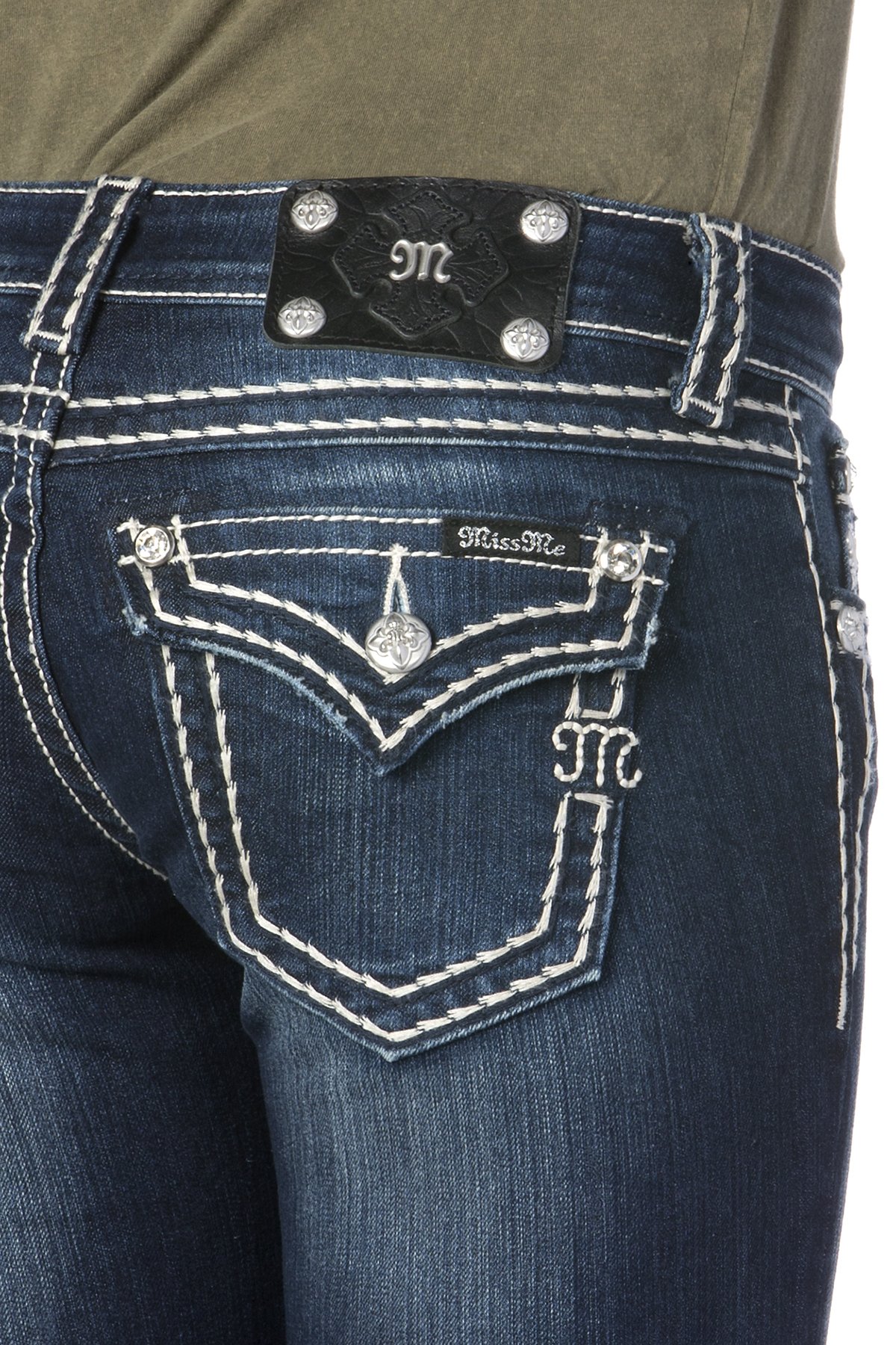 Miss Me Women's Loose Fit Saddle Stitch Border Boot Cut Jeans - Comfortable Denim Pants for Casual Wear, Work & Everyday Outfits
