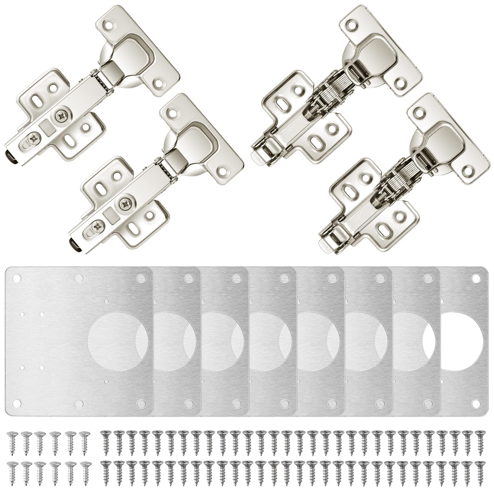 Neoteck 110° Full Overlay Cabinet Hinges & Repair Plate Kit with Screws - Stainless Steel Hardware for Cabinet, Furniture, Drawer & Window Repair (8 Plates + 4 Hinges + 72 Screws) - Perfect for Kitchen, Bathroom & Office Cabinet Maintenance