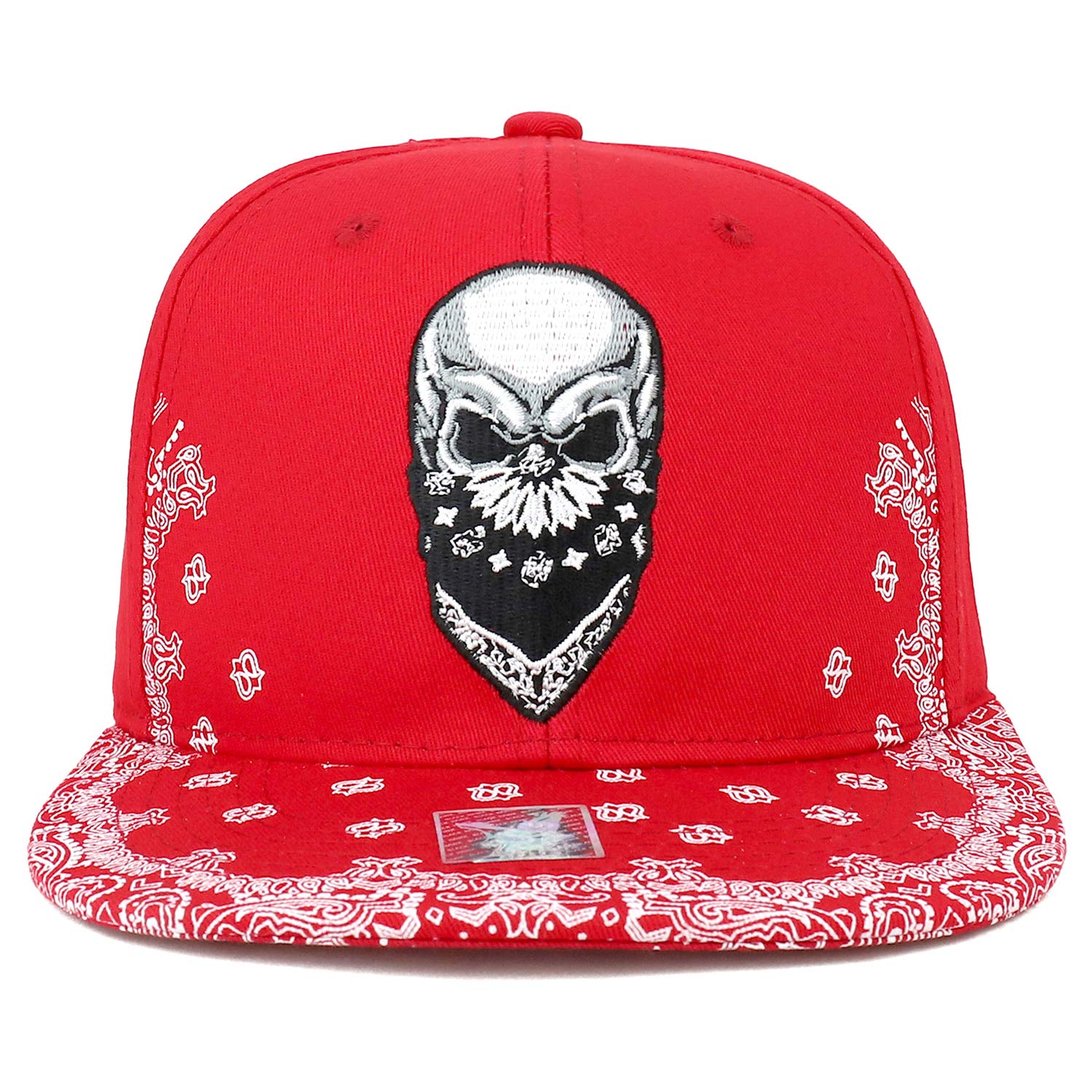 Trendy Skull Bandana Embroidered Paisley Print Flatbill Cap - Gothic Fashion Accessory for Men & Women - Perfect for Concerts, Motorcycle Rides and Streetwear Outfits