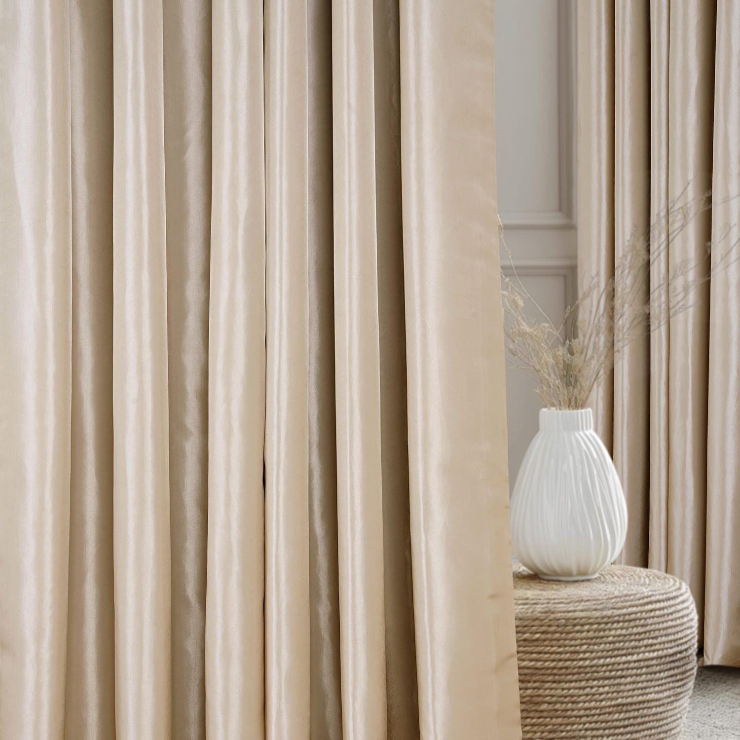 Antique Beige French Pleat Faux Silk Taffeta Blackout Curtains - Elegant Window Treatment for Living Room & Bedroom, Light Blocking & Noise Reducing Home Decor