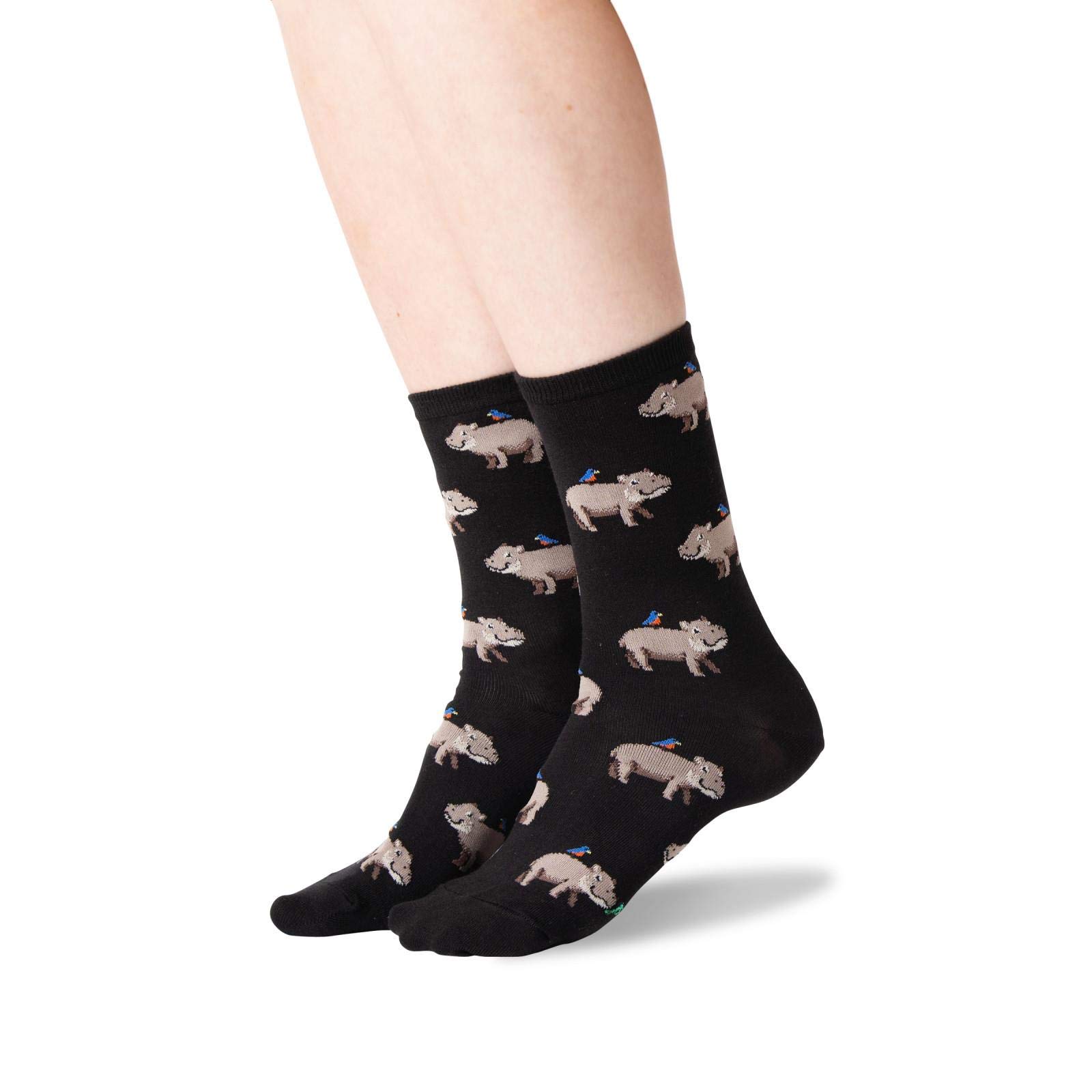 Hot Sox Women's Hippo Crew Socks - Comfortable Cotton Ankle Socks for Shoe Size 4-10.5 - Fun Animal Print Black Socks - Perfect for Casual Wear, Gifts, and Everyday Fashion