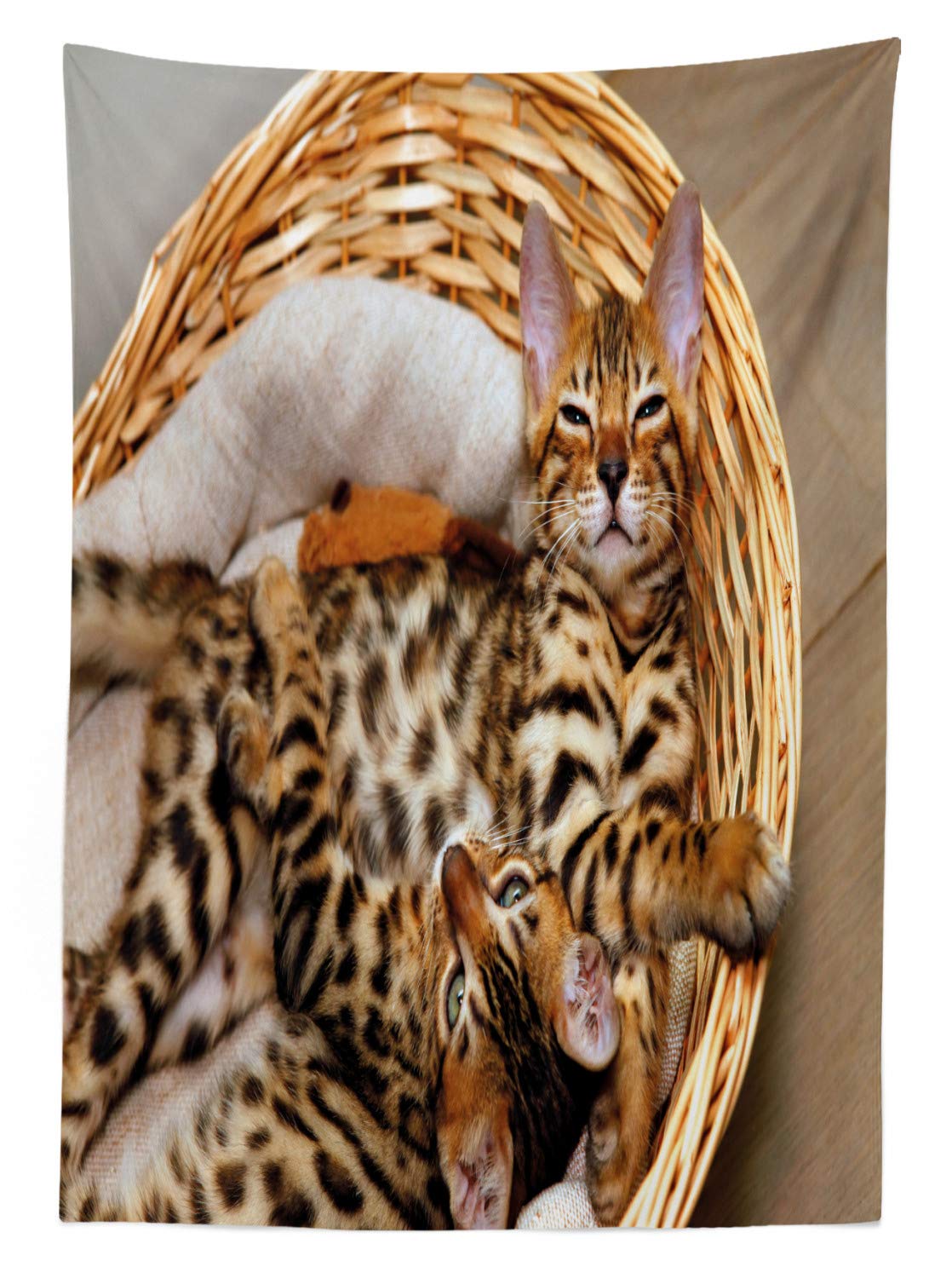 Ambesonne Kitten Outdoor Tablecloth - Little Bengal Cats in Basket Cuddly Kitties Design, Washable Picnic Table Cover 58