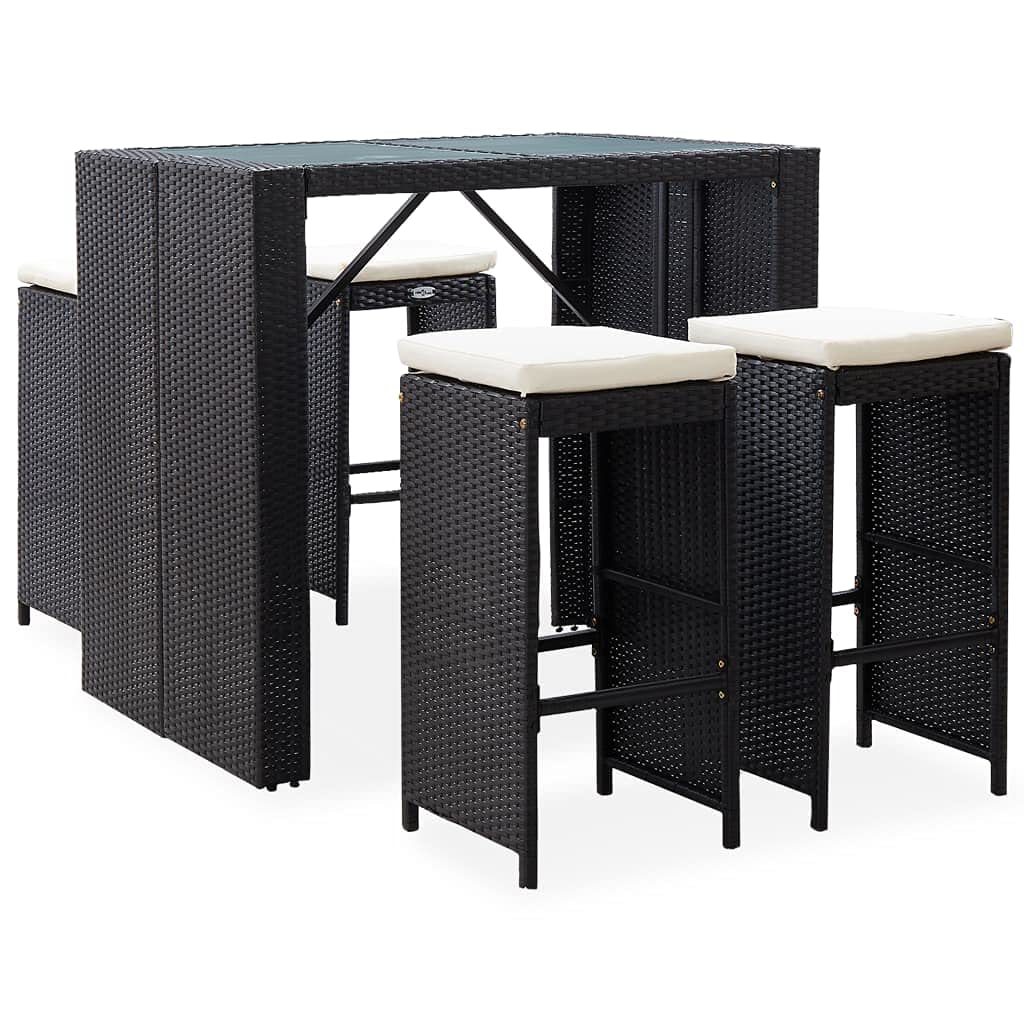 5-Piece Outdoor Bar Set - Black Poly Rattan & Glass Table with Cushions - Patio, Garden, Poolside Furniture for Backyard, Courtyard & Outdoor Entertaining
