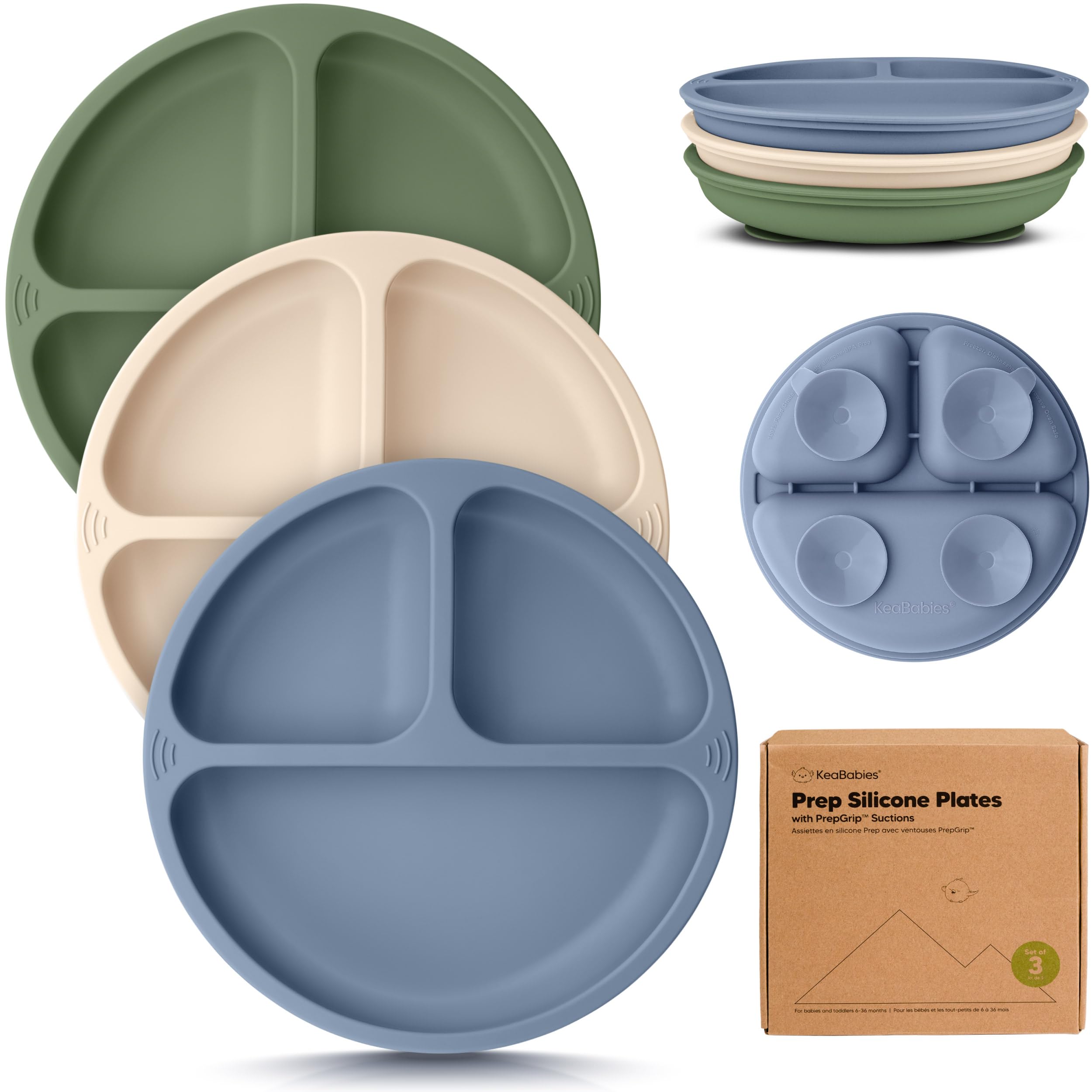 KeaBabies 3-Pack Silicone Suction Plates for Babies & Toddlers - BPA-Free, Microwave & Dishwasher Safe Divided Baby Plates with Strong Suction | Perfect for High Chairs, Travel & Mess-Free Mealtime (Slate)