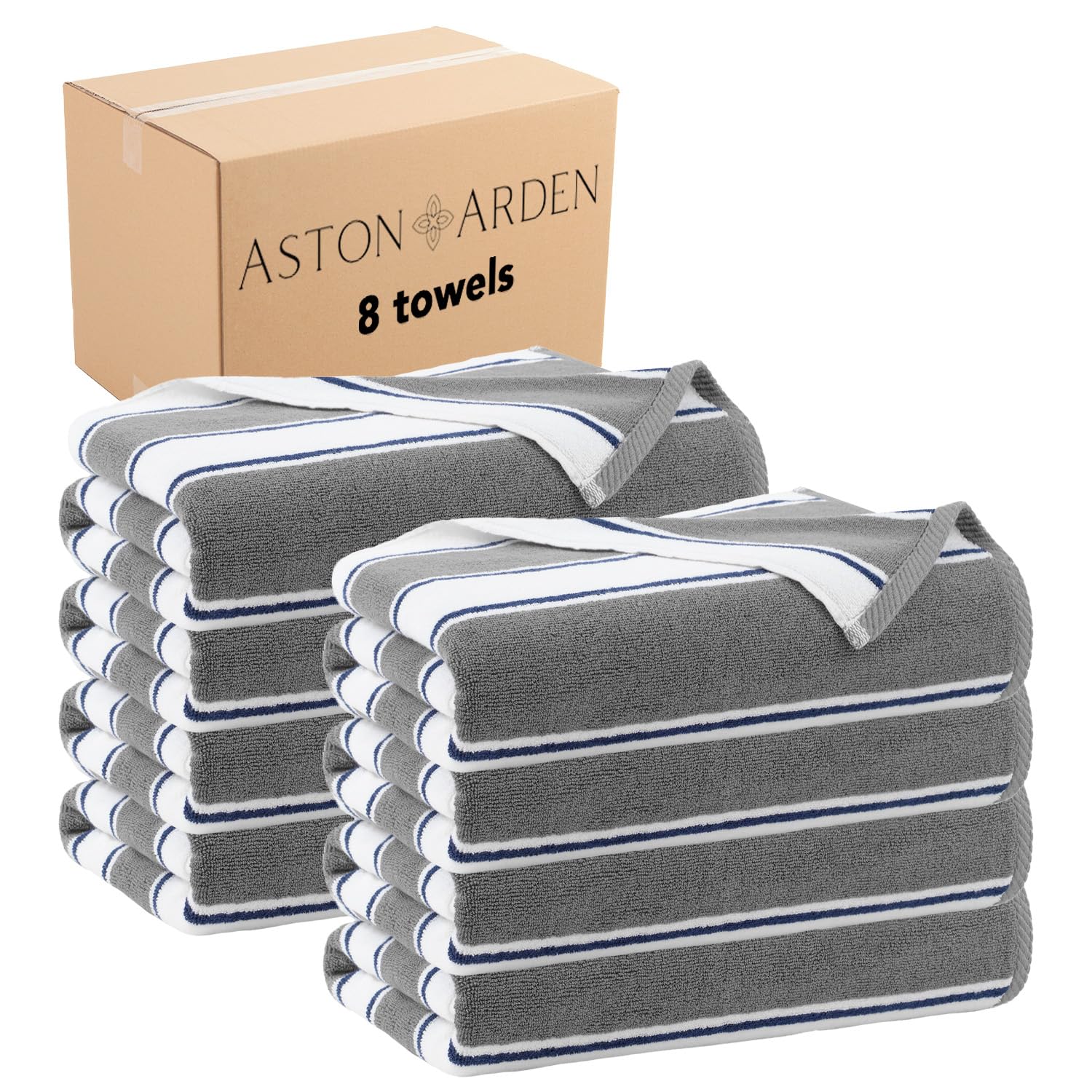 Aston & Arden Striped Beach Towel Set of 8 - Oversized 35x70 Inch Soft Plush Thick Cotton Towels - 600 GSM Heavy & Luxury Pool Towels for Beach, Resort, Hot Tub, Swimming Pool - Perfect for Vacation, Spa Day, and Outdoor Lounging - Gray and Navy Blue
