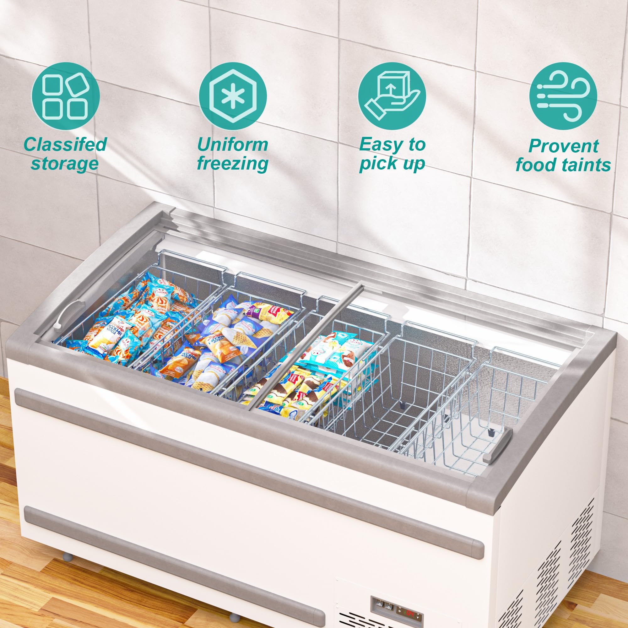 SANNO Chest Freezer Baskets - 2 Pack Stainless Steel Deep Freezer Organizer Bins with Adjustable Arms (17.5