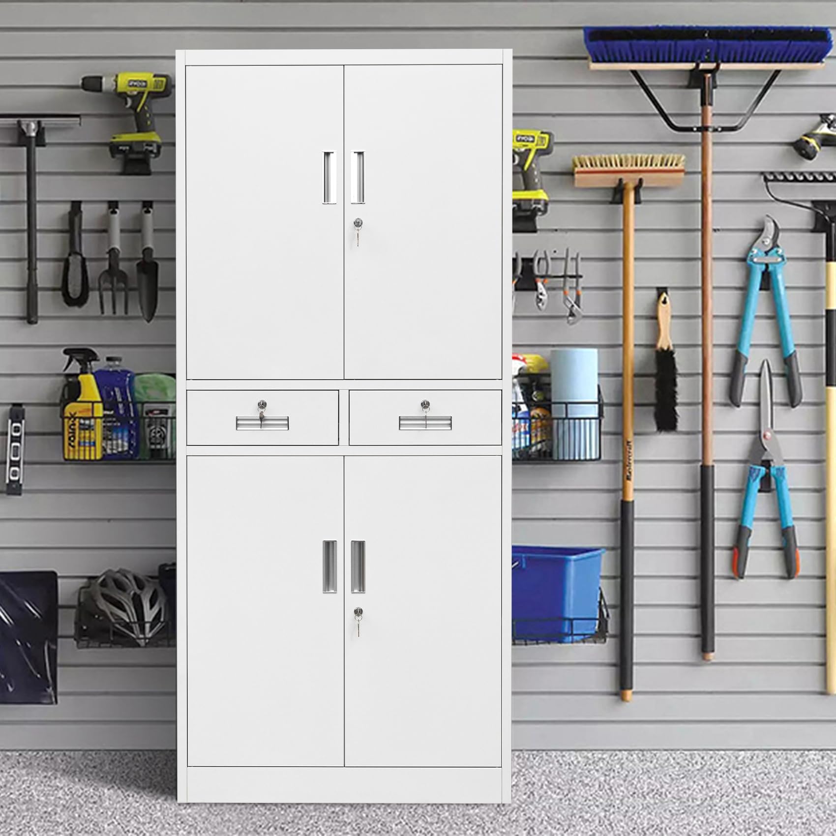 BESFUR Metal Storage Cabinet with Lock, 4 Drawers & Adjustable Shelves - Heavy Duty Garage Storage, Office Organization, Classroom Supplies - White Cabinet for Tools, Files & School Materials