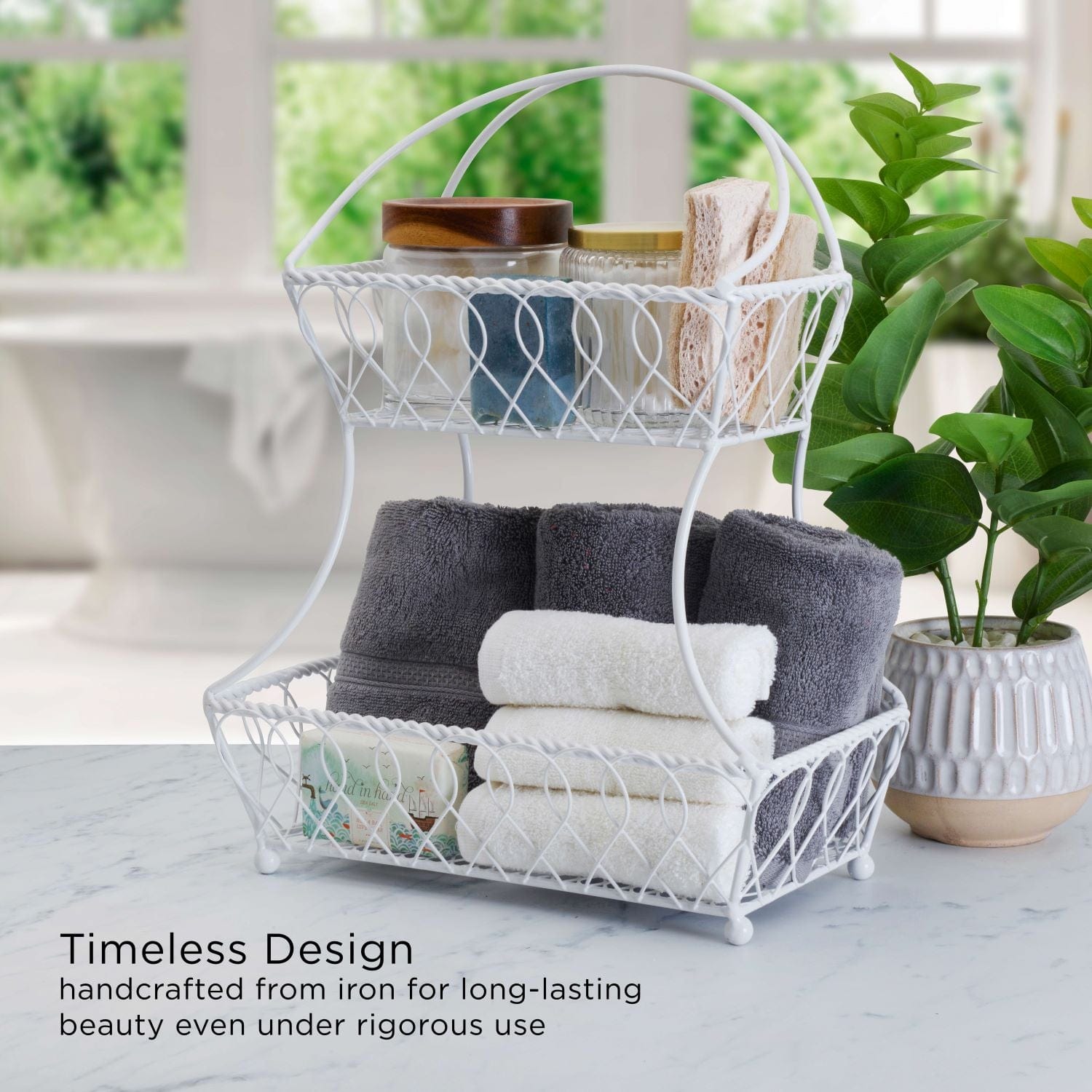 Loop and Lattice 2-Tier White Flatback Storage Basket - Organize Bathroom, Kitchen, or Office Supplies | Space-Saving Home Decor