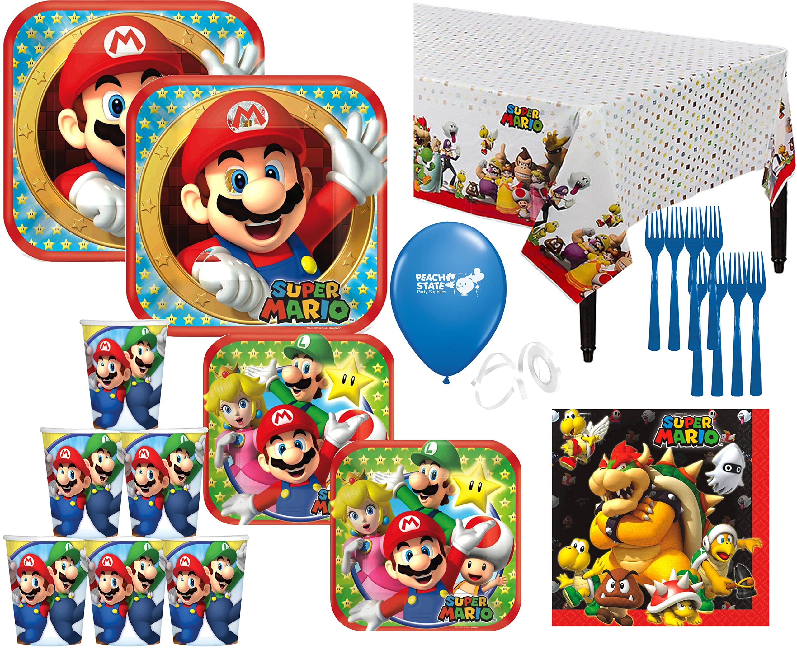Super Mario Party Supplies Bundle for 16 Guests - 16 Lunch Plates, Cake Plates, Napkins, Cups, Table Cover & Forks - Perfect for Birthday Parties, Game Nights & Themed Events