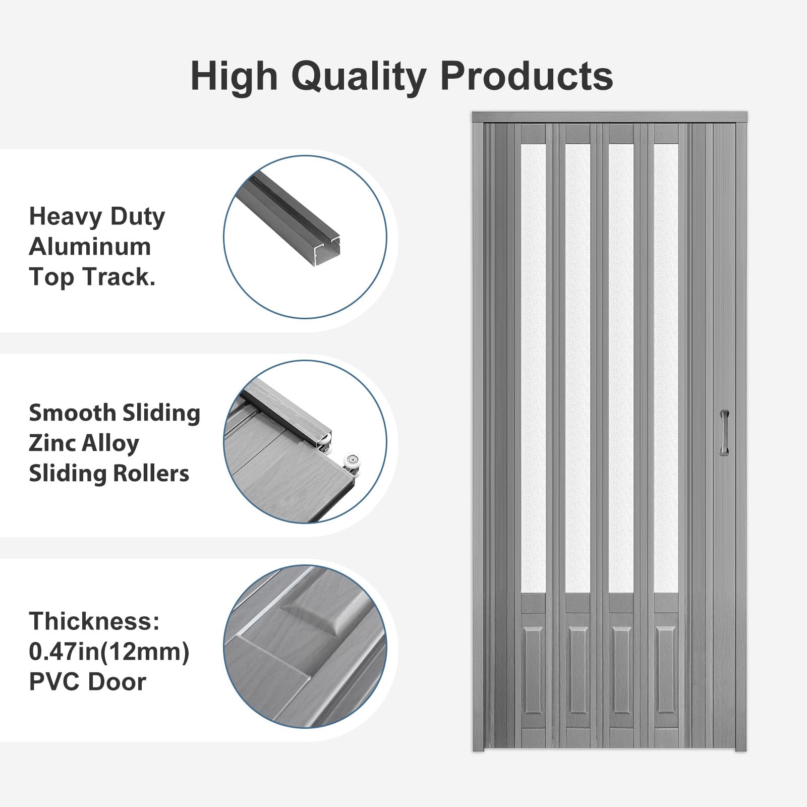 DIYHD 38x96 Inch Grey PVC Accordion Folding Door with Acrylic Glass & Mounting Hardware - Space Saving Multifold Closet Door for Bedroom, Office & Storage Rooms