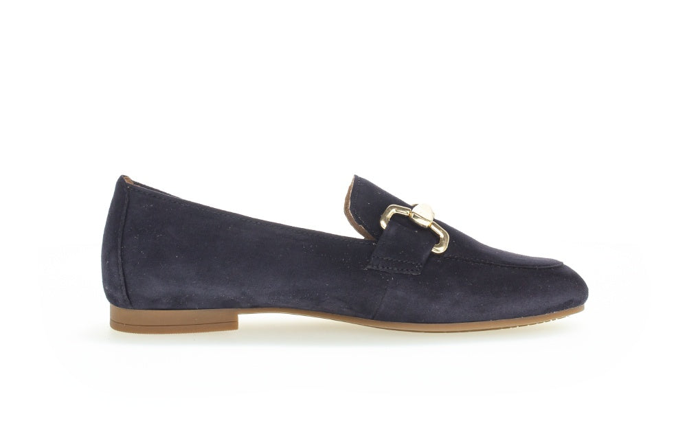 Gabor Navy Suede Loafers for Women with Gold Buckle - Classic Comfortable Slip-On Shoes for Work, Office & Casual Wear (Style 21136)
