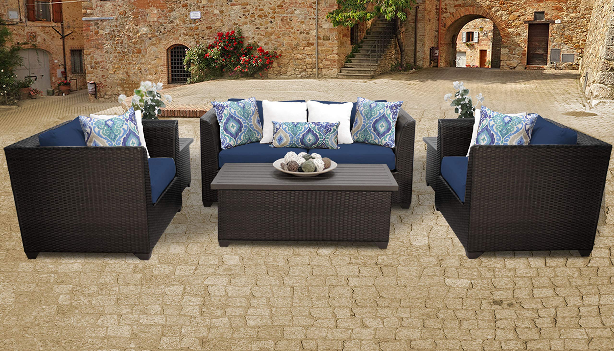 TK Classics BARBADOS-07d-NAVY 7-Piece Outdoor Wicker Patio Furniture Set in Navy Blue - Perfect for Backyard, Poolside, and Garden Relaxation