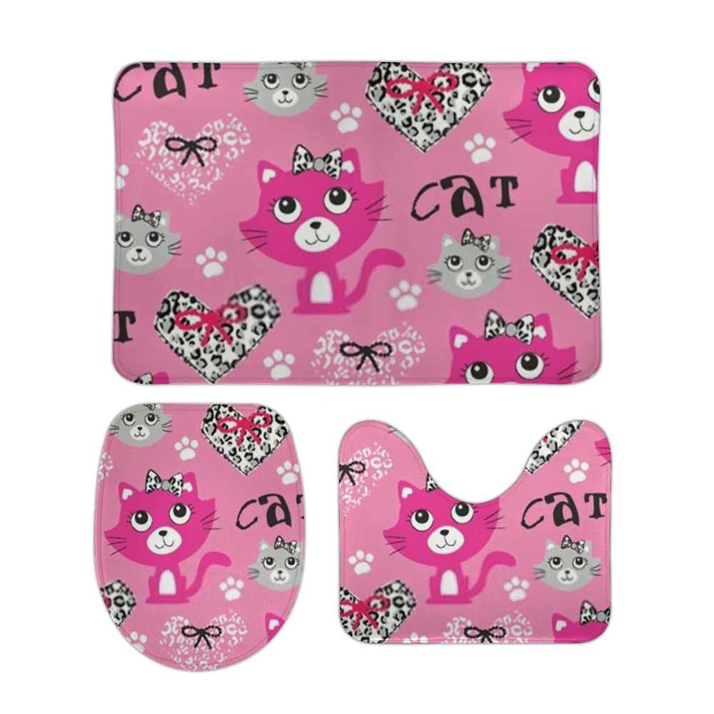Adorable Kawaii Cartoon Cat Paw Print Bathroom Rug Set - 3 Piece Non-Slip Absorbent Soft Bath Mats for Shower, Tub & Toilet | Perfect for Bathroom, Bedroom, Sink, Office, Kitchen & Laundry | Cute Home Decor & Gift Idea