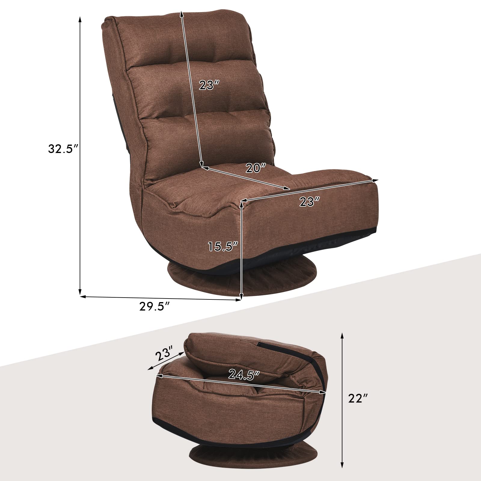 COSTWAY Folding Floor Chair - Adjustable 5-Position Gaming & Lounge Chair with 360° Swivel, Removable Cover & Padded Backrest - Multi-Purpose Seating for Living Room, TV Watching, Reading & Gaming - Perfect for Small Spaces, Dorm Rooms & Coffee Breaks