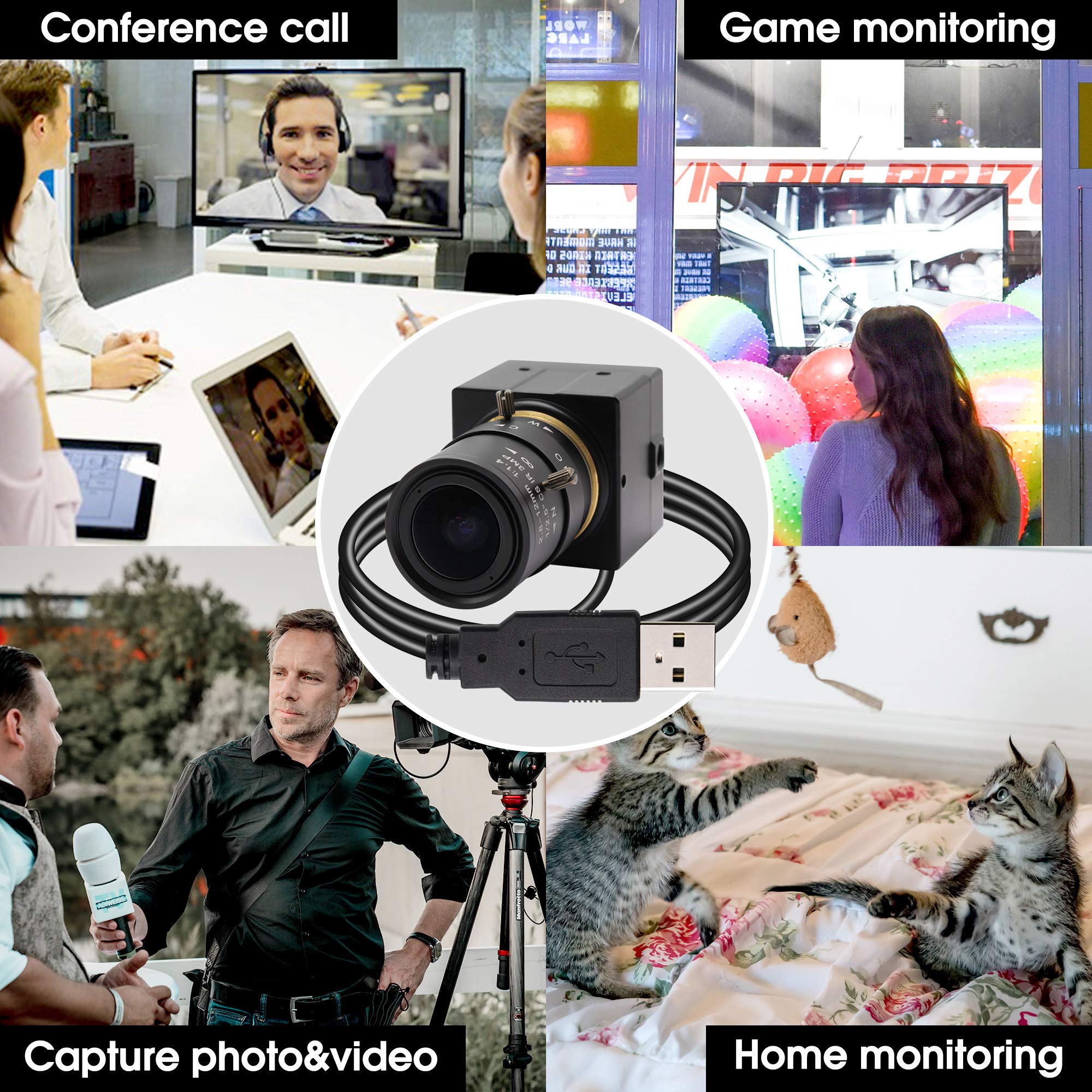 2.8-12mm Varifocal Lens USB Camera - 8MP Webcam with Image Sensor, Super HD 3264x2448 Resolution - Indoor/Outdoor Web Camera for Video Conferencing, Security Systems, Live Streaming & Home Monitoring