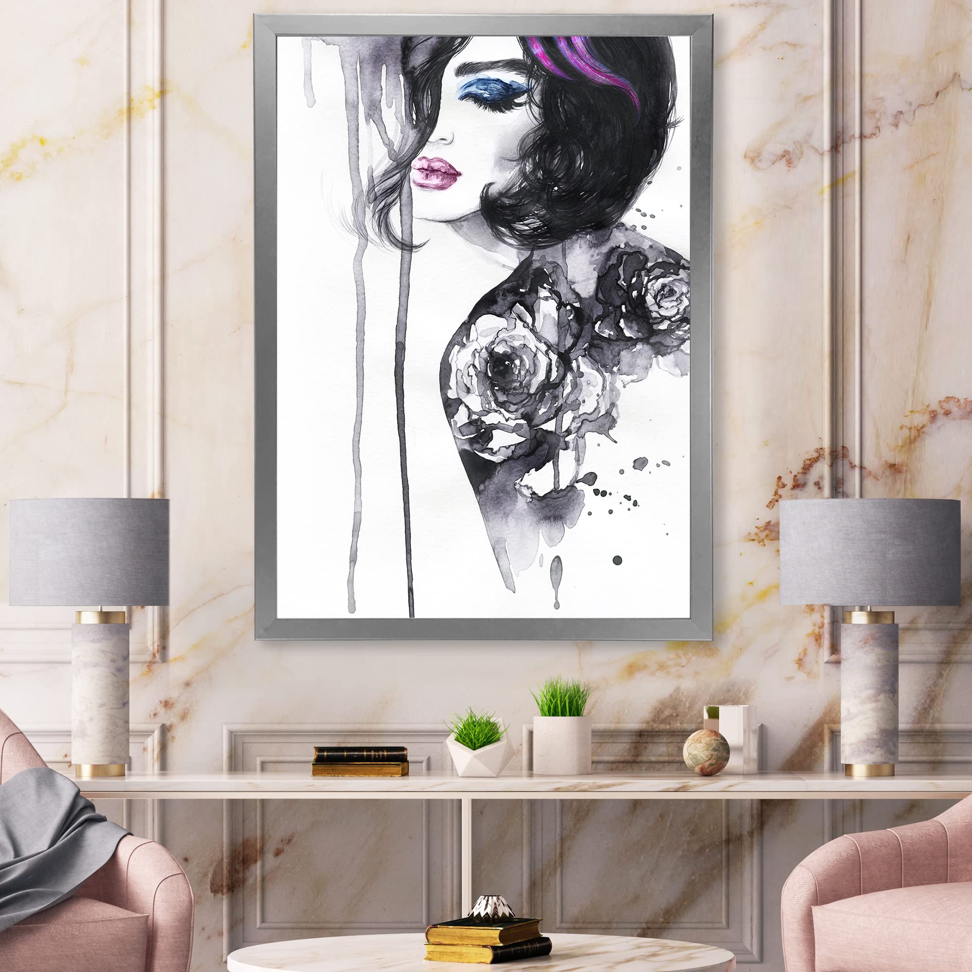 DesignQ Modern Framed Wall Art - Elegant Female Portrait Painting for Living Room, Bedroom & Office Decor | Handmade Canvas Artwork | Home & Interior Design Gift Idea