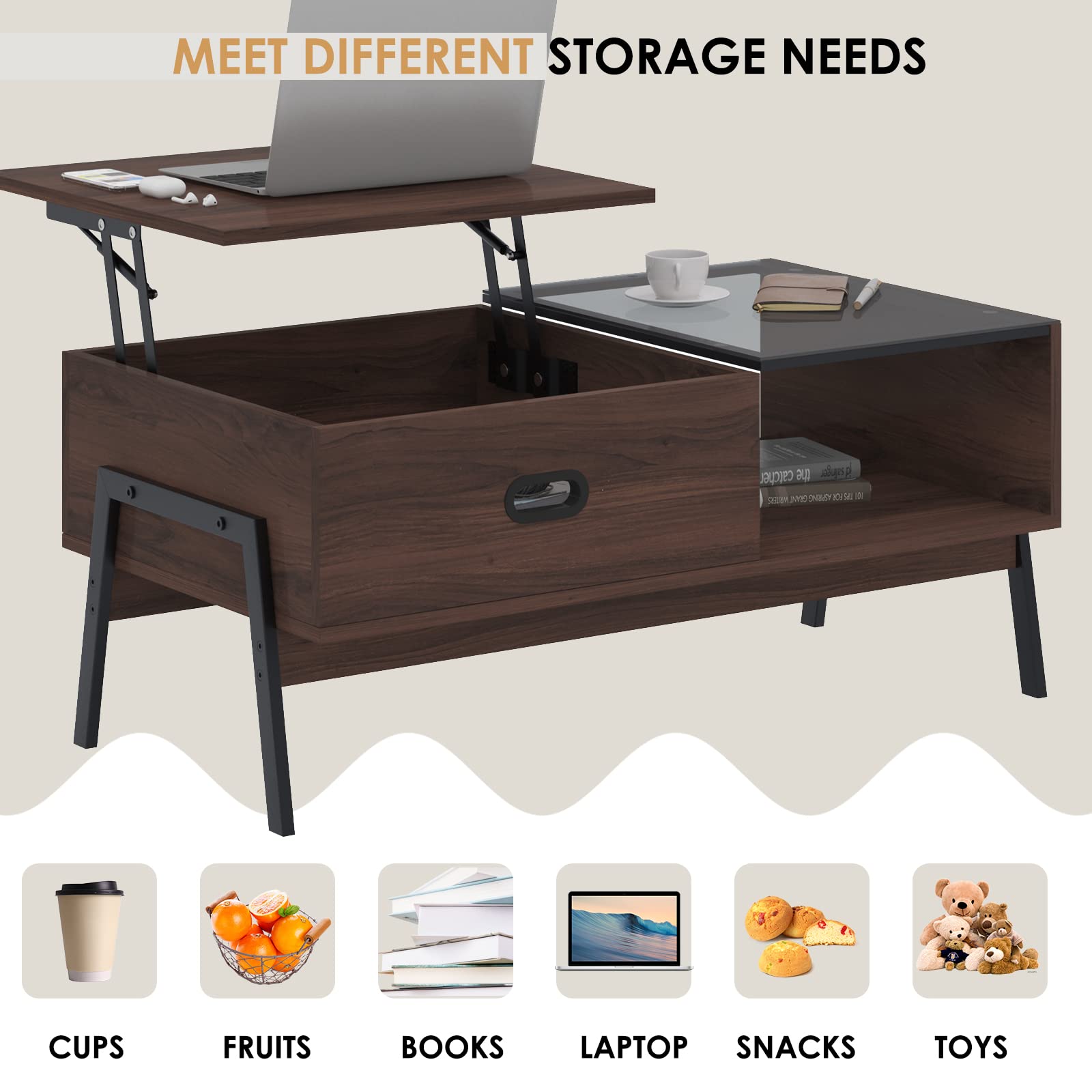 Soges Lift Top Coffee Table with Storage - Rustic Brown Wooden Raisable Coffee Table for Living Room, Sofa, and Lounge - Perfect for Small Spaces and Home Decor