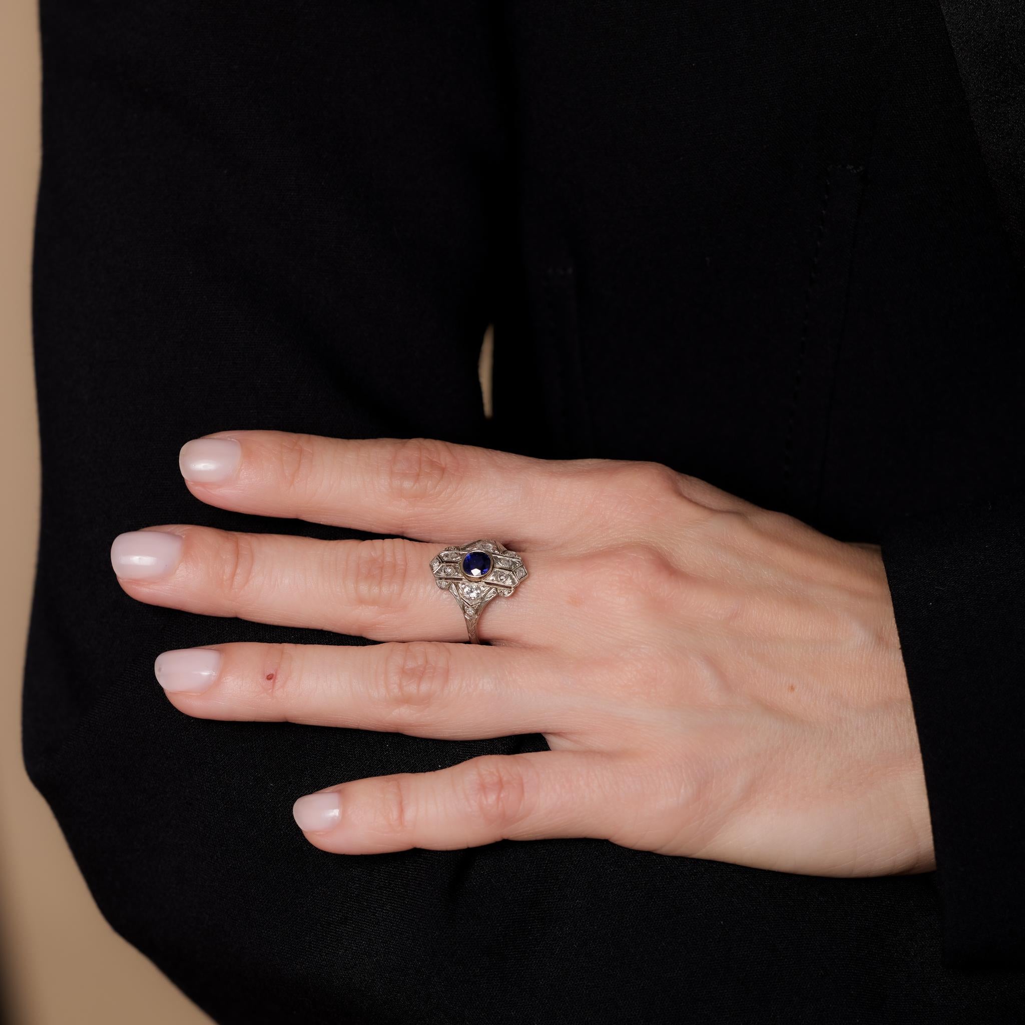 Vintage Art Deco Sapphire Diamond Platinum Ring - Elegant Antique Jewelry for Weddings, Anniversaries & Special Occasions