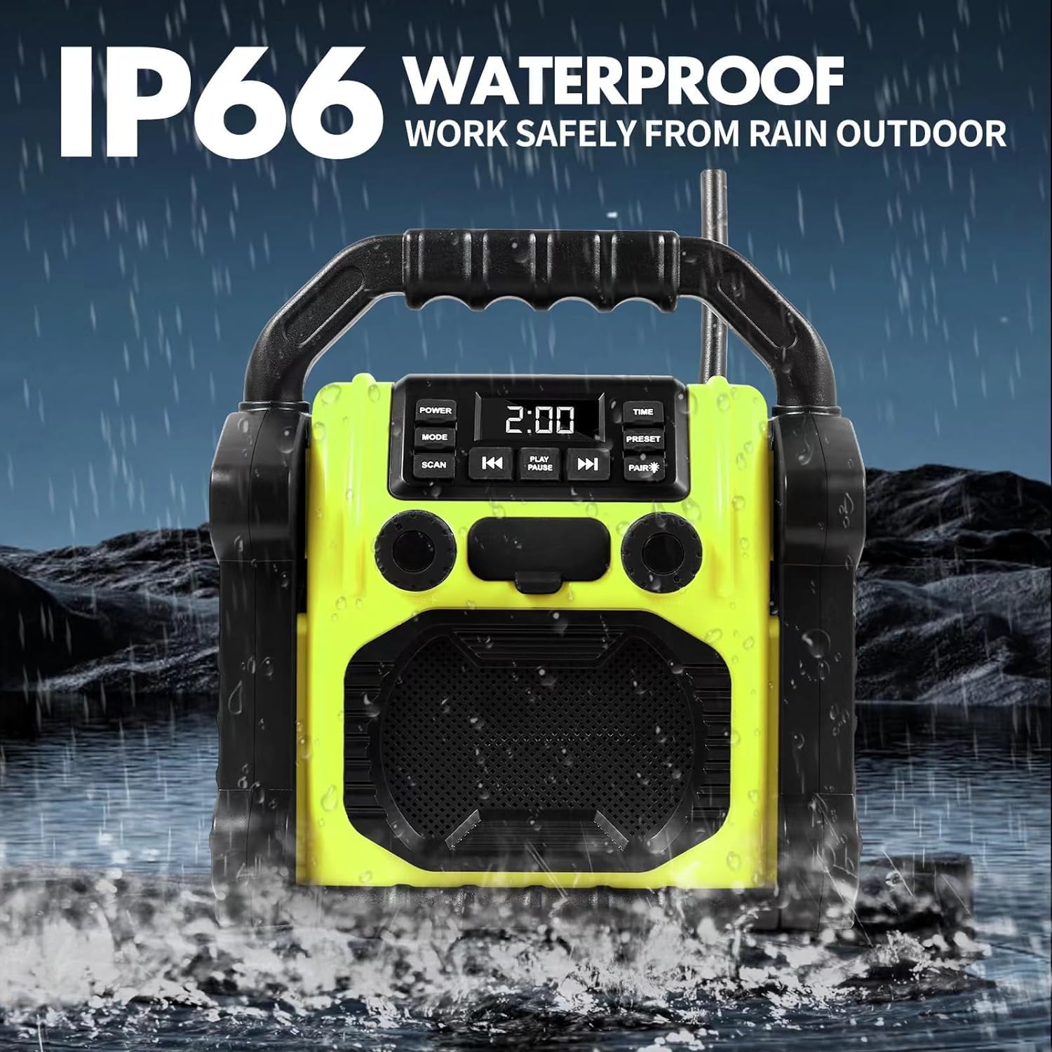 30W IPX66 Waterproof Bluetooth Jobsite Radio with FM, LED Lights & Clock - Portable Anti-Collision Speaker for Construction, Outdoor, Fishing, Camping & Parties (Yellow) | Perfect for Job Sites, Backyard BBQs & Beach Adventures