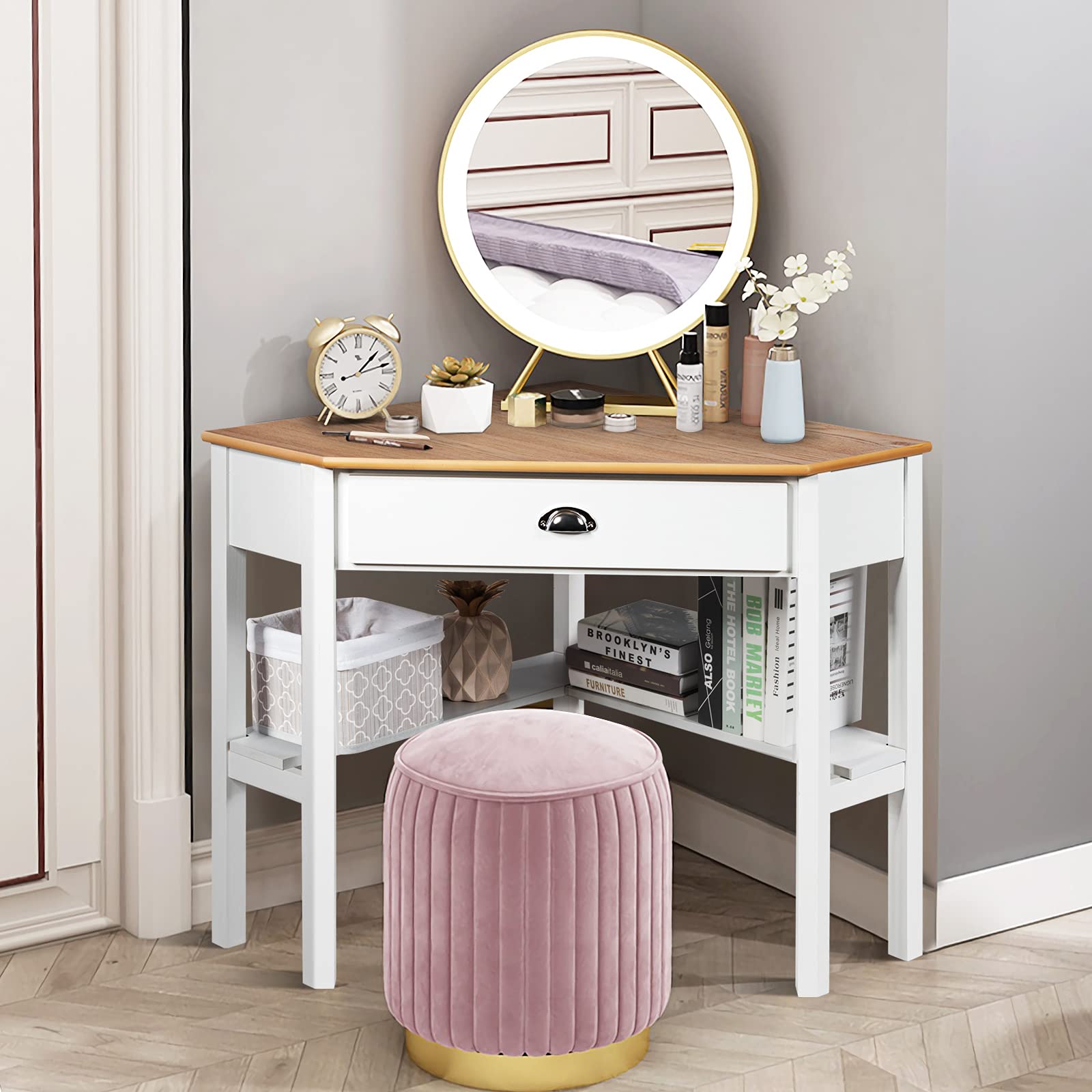 KOTEK Corner Desk with Drawer and Shelves - Wooden Home Office Desk, Triangle Computer Desk for Small Spaces, Writing Study Desk & Workstation, Makeup Vanity Table (Natural & White) - Perfect for Home Office, Gaming Setup, Dorm Room & Bedroom Workspace