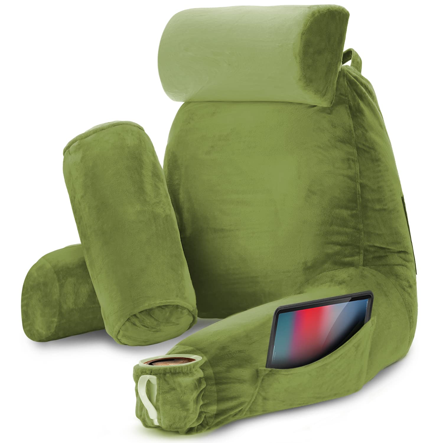Nestl Reading Pillow with Shredded Memory Foam - Large Back Support Pillow for Sitting in Bed, Reading & Relaxing - Calla Green Bed Chair Pillow with Pockets (Perfect for Reading, Watching TV, or Lounging in Bed)