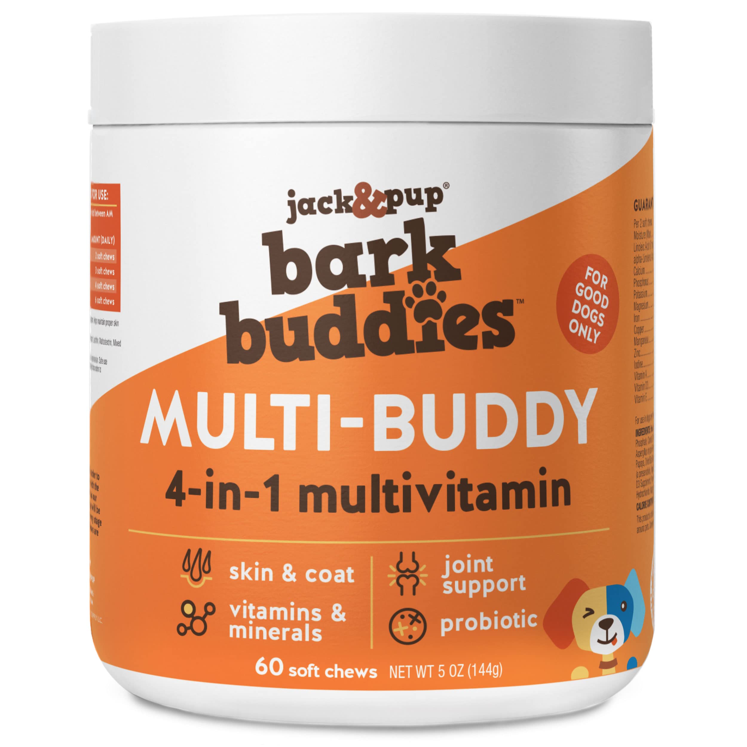 Jack&Pup Dog Vitamins and Supplements - Multivitamin Chewable Soft Chews for Puppies & Adult Dogs with Glucosamine, Probiotics & Omega-3 - Supports Joint, Digestive & Skin Health - 60 Count - Perfect for Daily Nutrition & Active Lifestyles