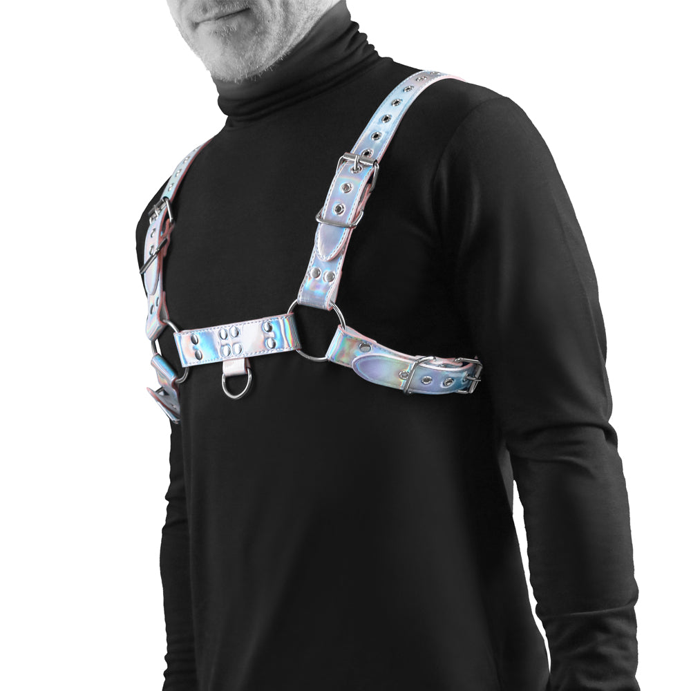 Cosmo Dare Holographic Rainbow Reflective Dog Harness with D-Ring - Adjustable Bulldog Vest for Small Medium Dogs, Perfect for Walking, Running & Outdoor Adventures