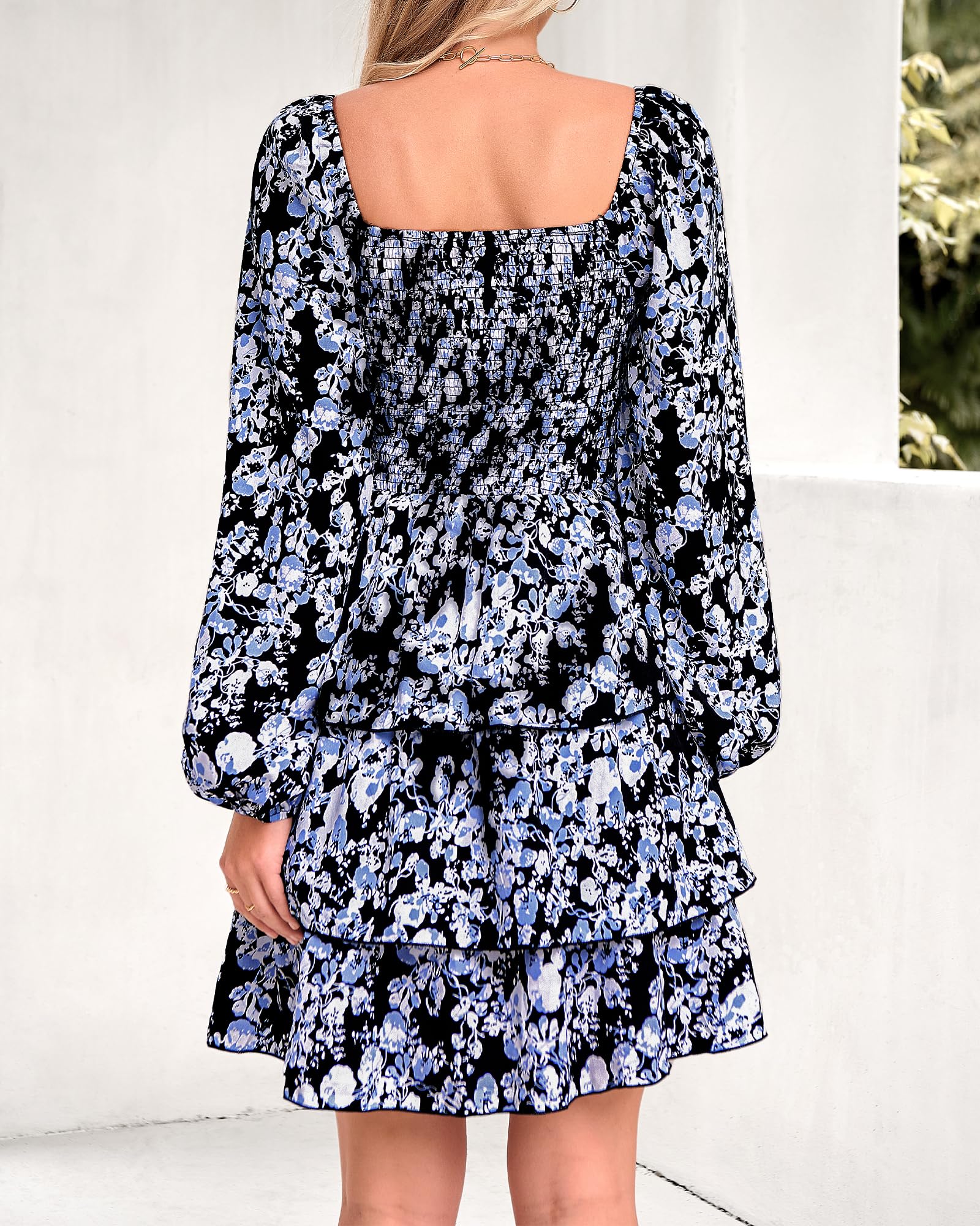 BTFBM Women's Floral Swiss Dot Boho Mini Dress - Square Neck, Smocked Waist, Long Sleeve for Spring & Summer 2025 | Perfect for Wedding Guest, Garden Party & Casual Outings